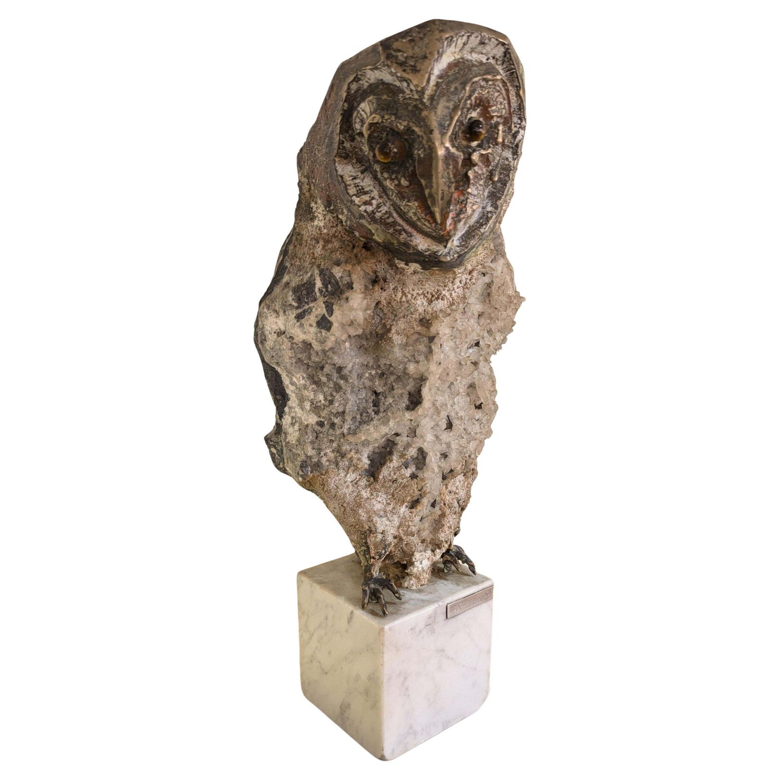 Aurelio Teno (1927/2013) Owl Shaped Sculpture, Natural Stone And Bronze