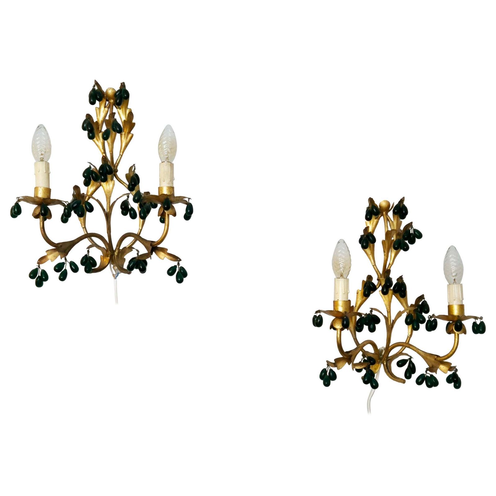 Wall Lights, Gilted Metal With Green Glass Drops, Italien Mid 1900s Regency