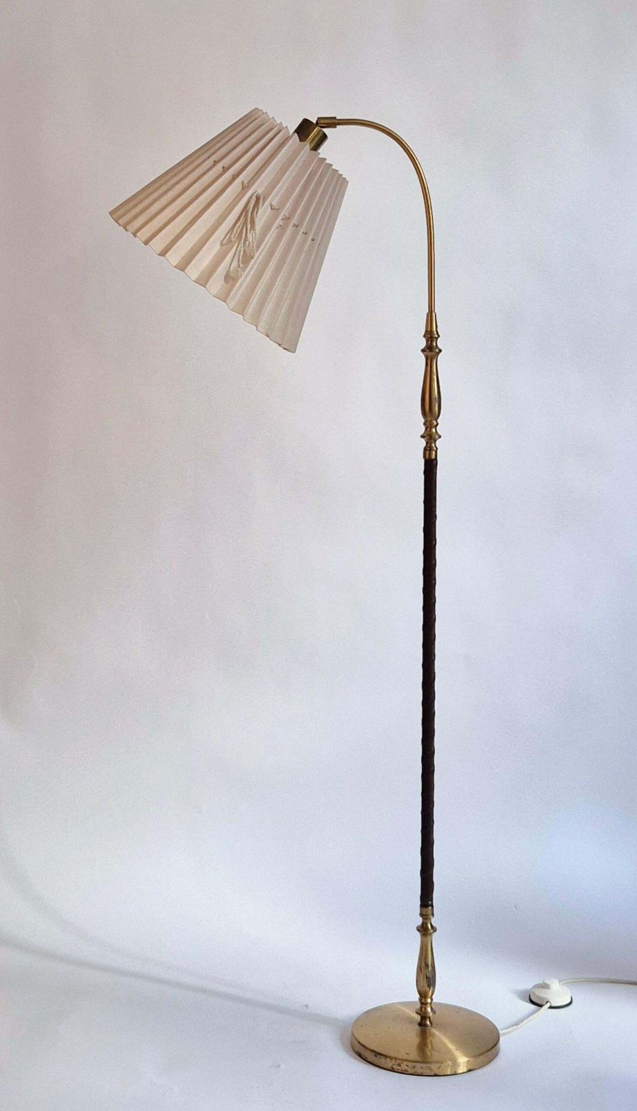 Floor Lamp In Brass With Dark Brown Leather Trim, Swedish / Scandinavian Modern photo for sale