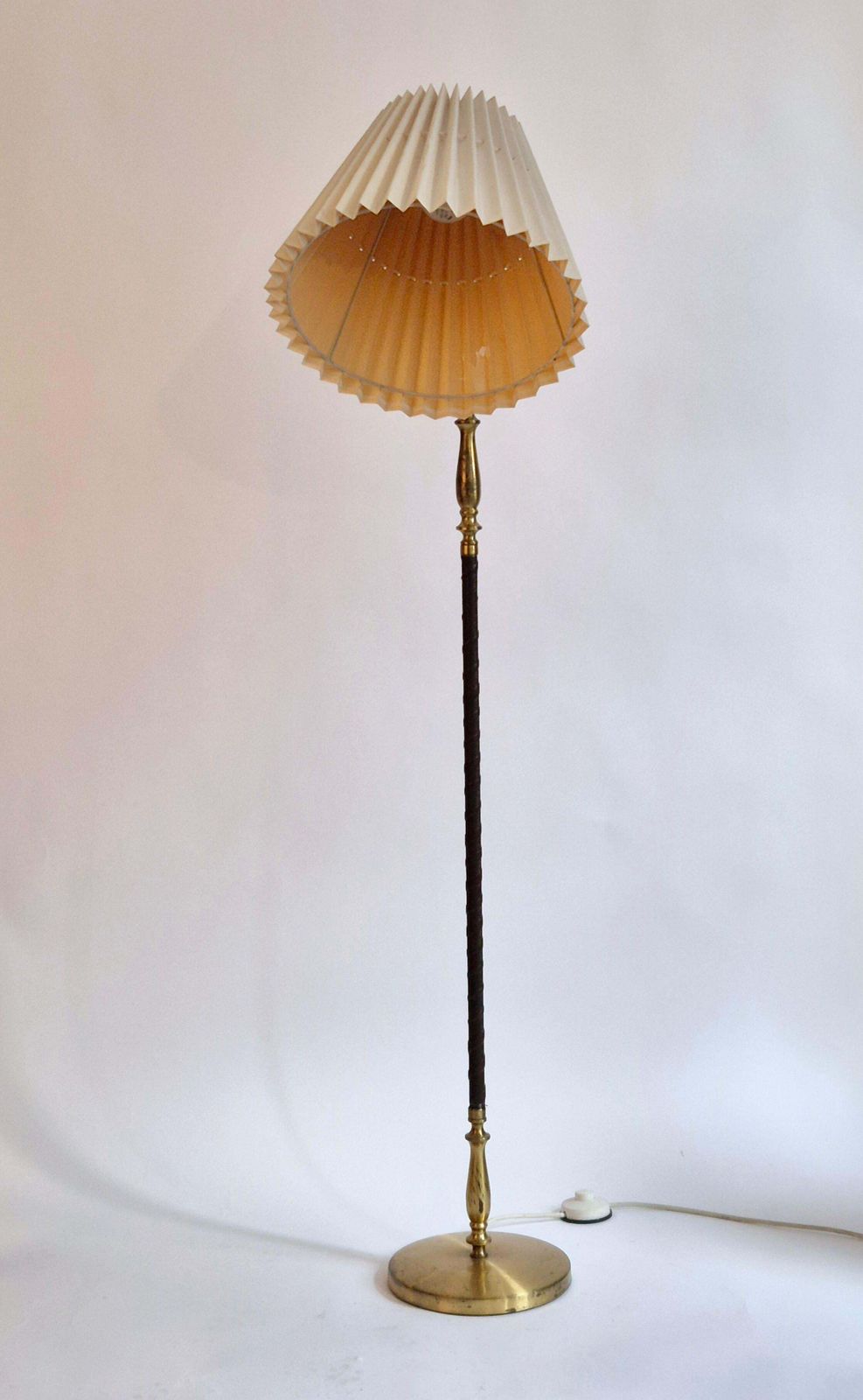 Floor Lamp In Brass With Dark Brown Leather Trim, Swedish / Scandinavian Modern photo vintage