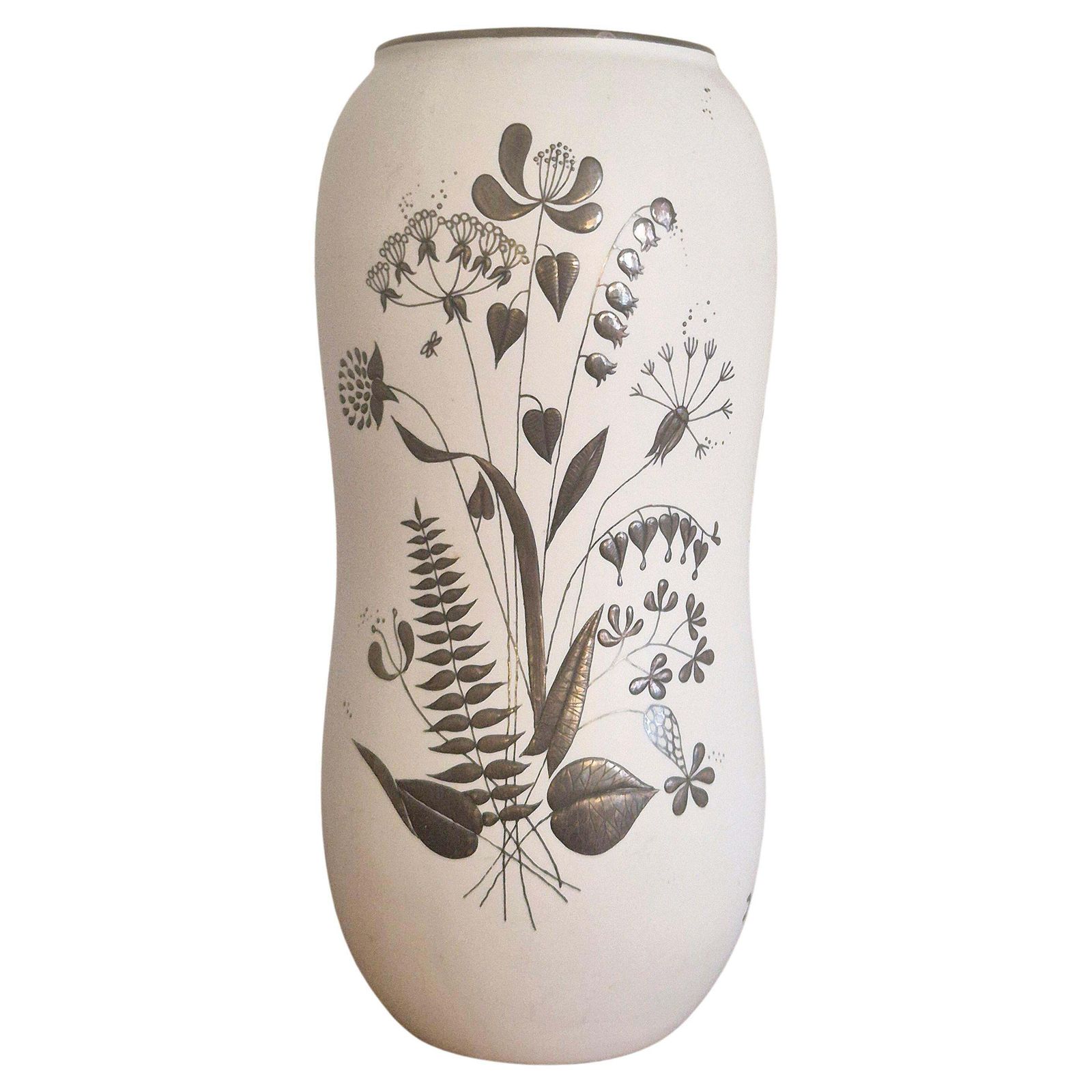 Stoneware Vase With Decor Of Flowers In Silver, Model Grazia, Swedish Modern.