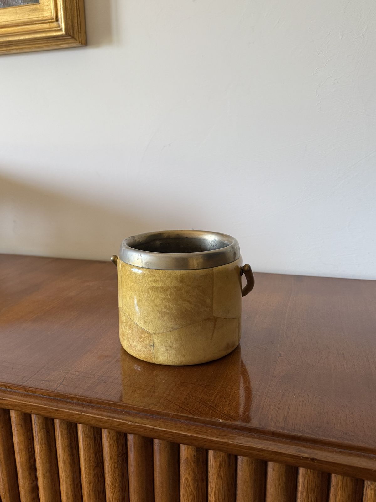 Mid Century Cream Parchment Ice Bucket, Aldo Tura Italy 1950s photo vintage