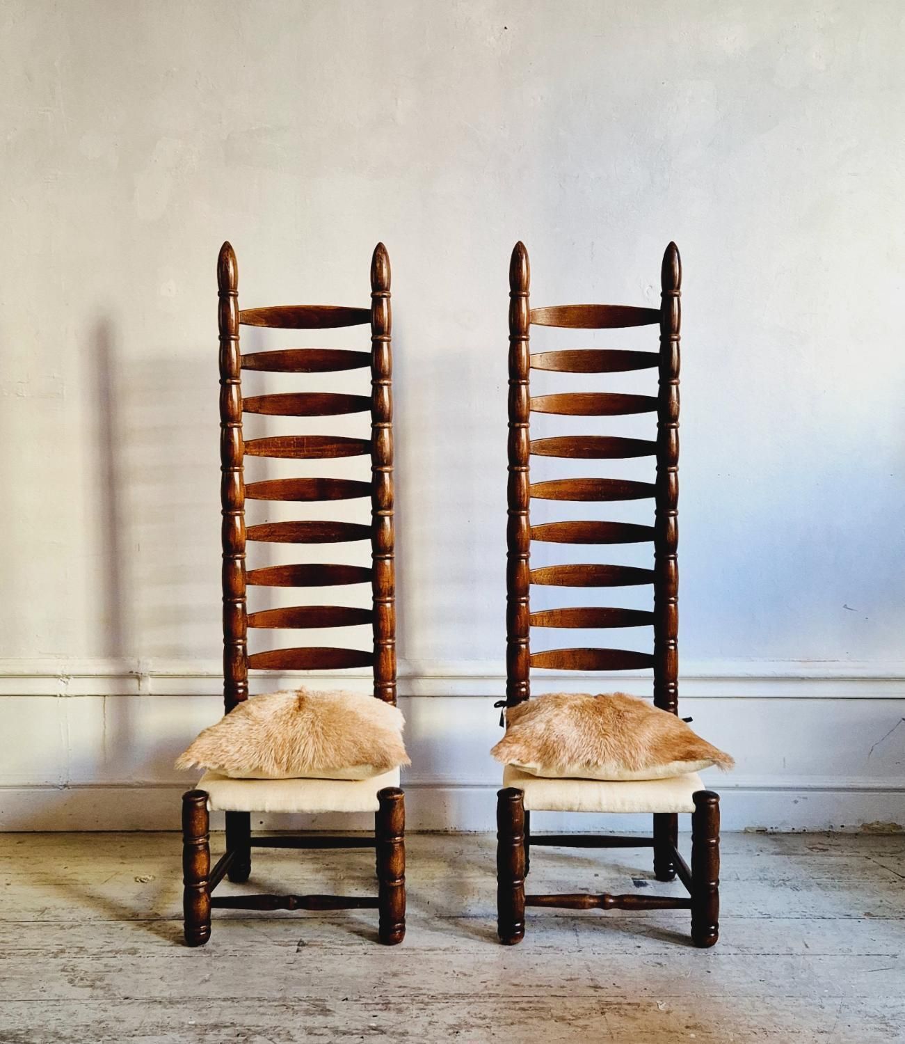 Spanish High Back Ladder Chairs, A Pair, Mid 1900s, Goatskin And Linen Seats. photo furniture