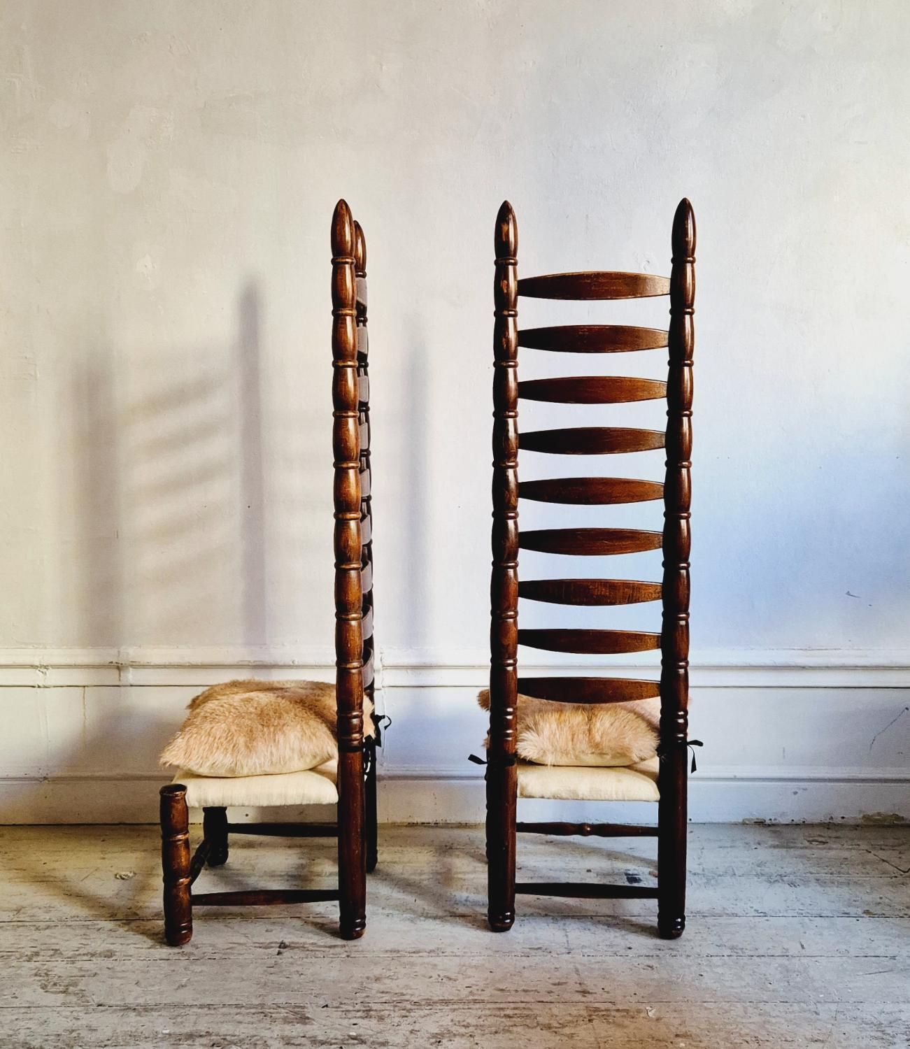 Spanish High Back Ladder Chairs, A Pair, Mid 1900s, Goatskin And Linen Seats. photo for sale