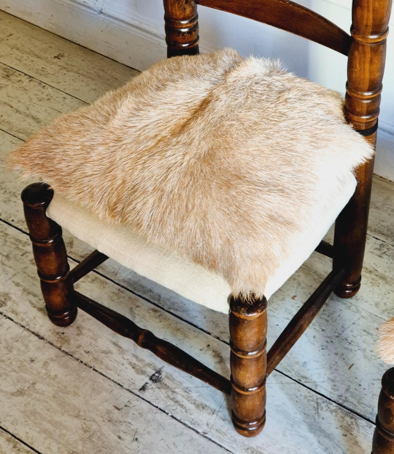 Spanish High Back Ladder Chairs, A Pair, Mid 1900s, Goatskin And Linen Seats. photo 5376.0