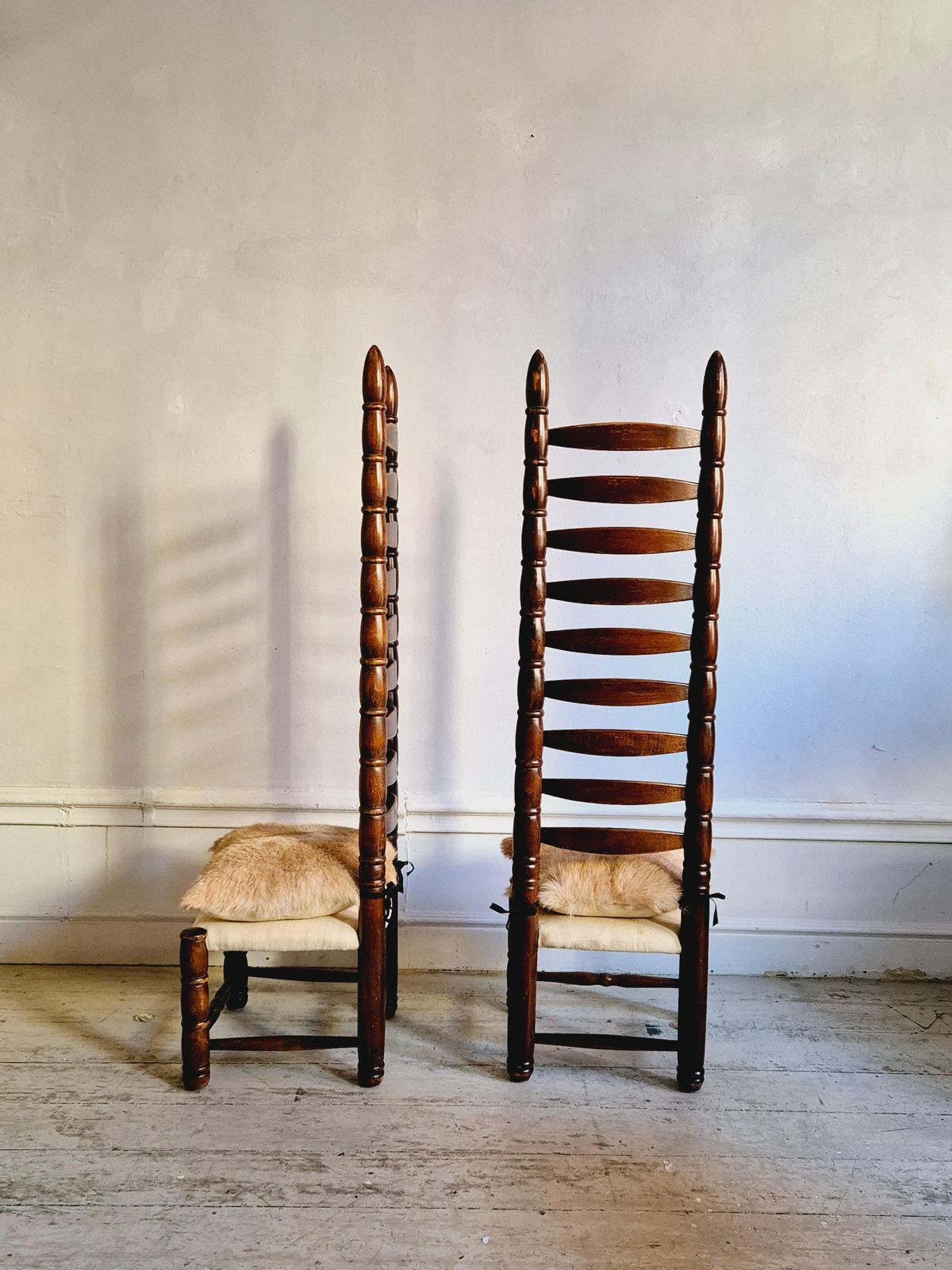 Spanish High Back Ladder Chairs, A Pair, Mid 1900s, Goatskin And Linen Seats. photo vinterior