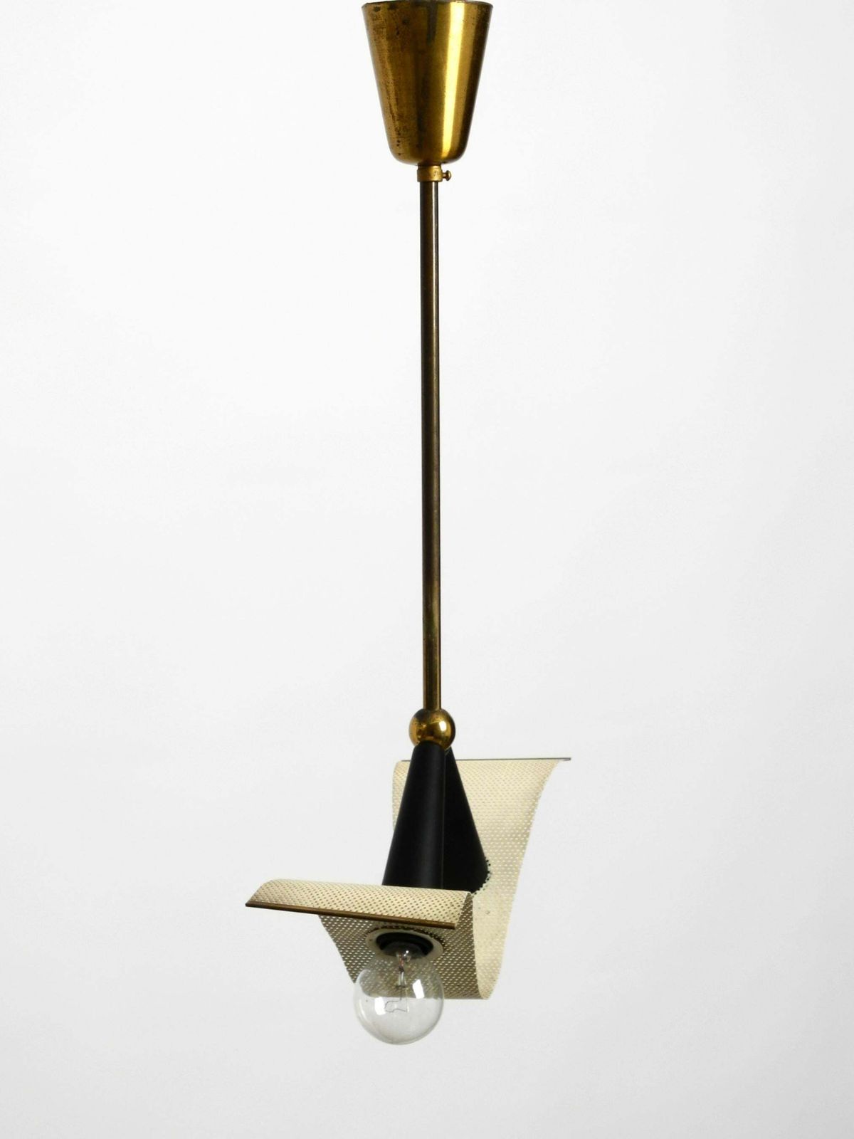 Mid Century Brass Ceiling Cone Lamp With A Curved Perforated Sheet Lampshade photo Lighting