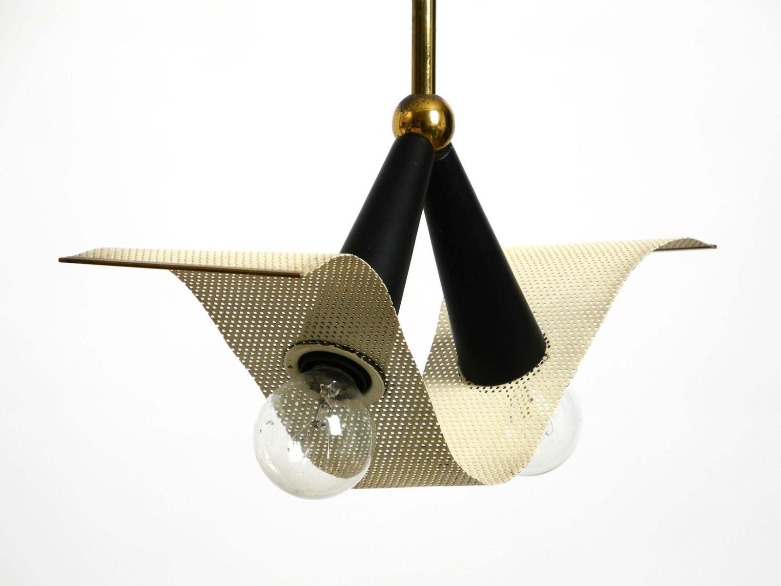 Mid Century Brass Ceiling Cone Lamp With A Curved Perforated Sheet Lampshade photo vintage