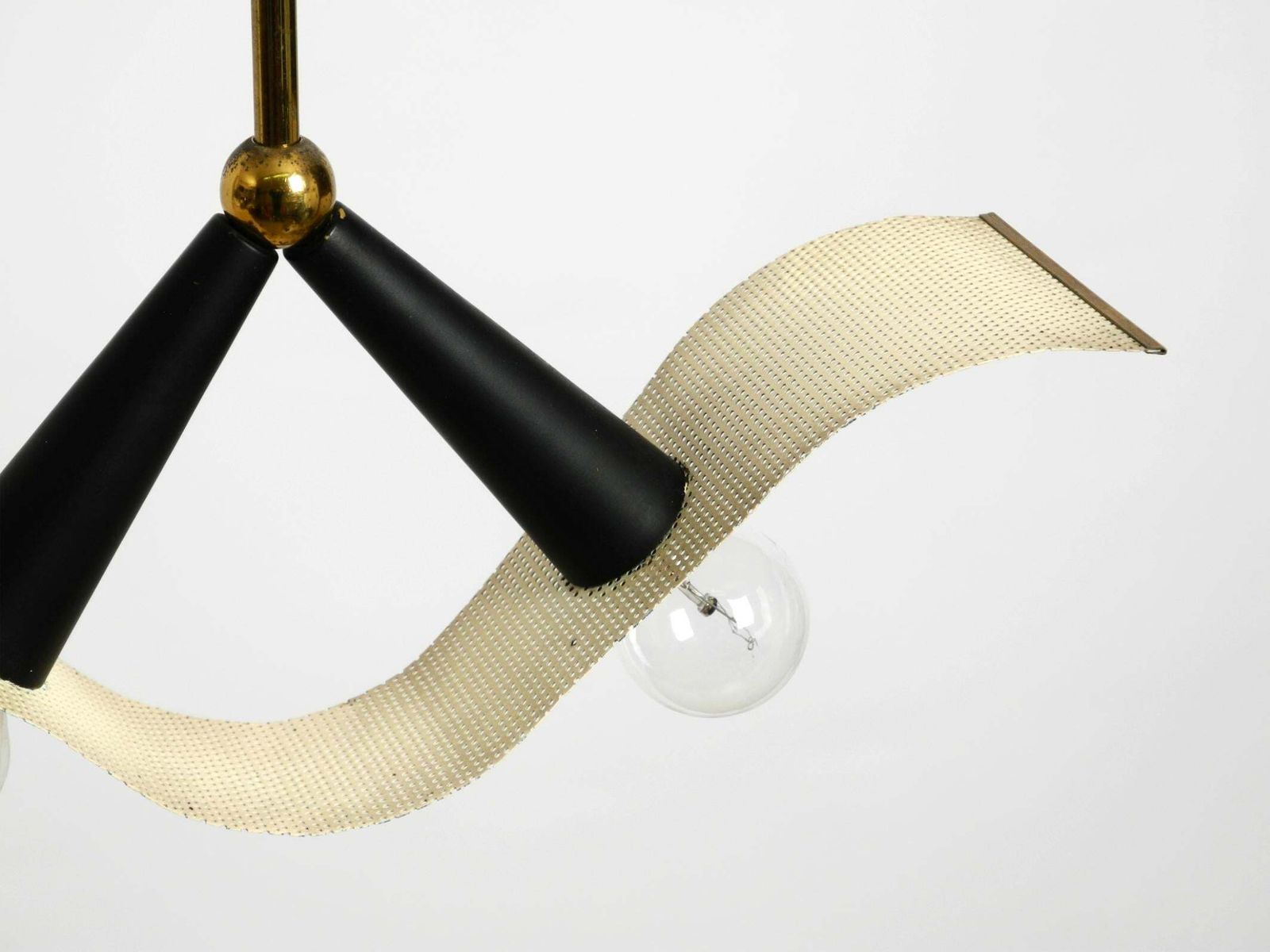 photo furniture Mid Century Brass Ceiling Cone Lamp With A Curved Perforated Sheet Lampshade