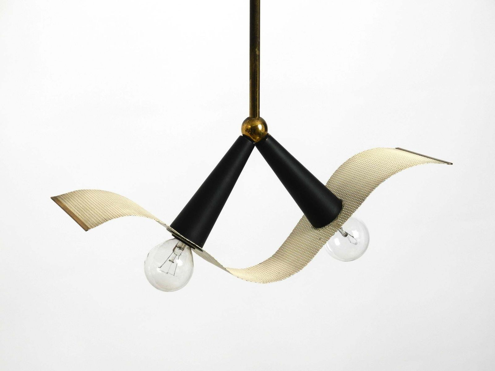 photo buy Mid Century Brass Ceiling Cone Lamp With A Curved Perforated Sheet Lampshade
