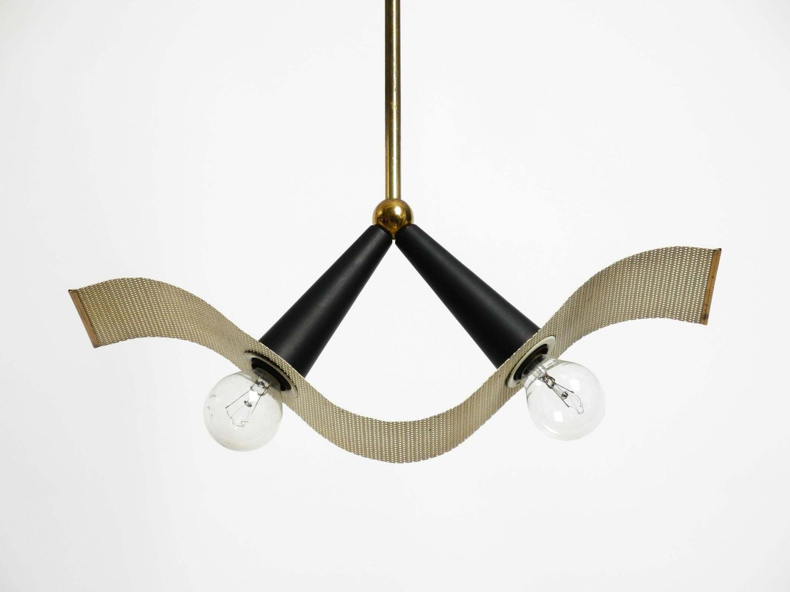 photo vintage Mid Century Brass Ceiling Cone Lamp With A Curved Perforated Sheet Lampshade