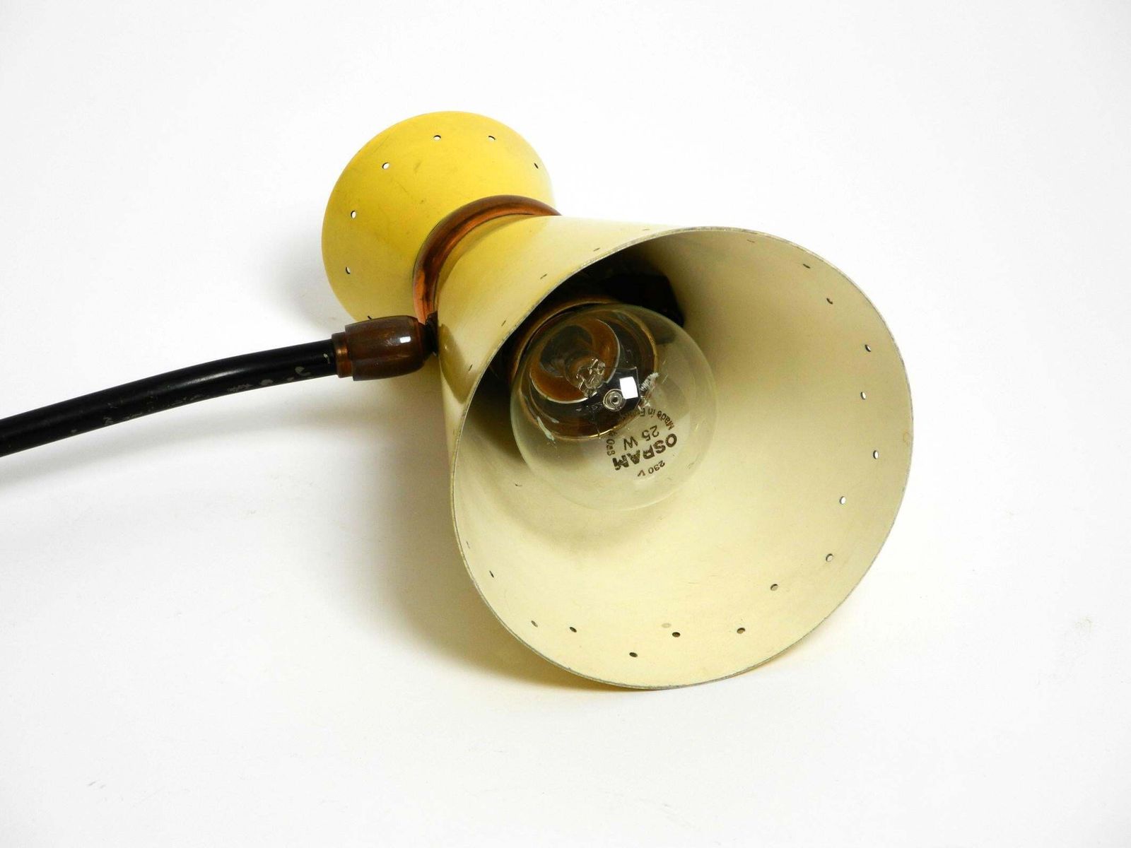 photo for sale Beautiful Large Mid Century Tripod Table Lamp With Yellow Diabolo Lampshade