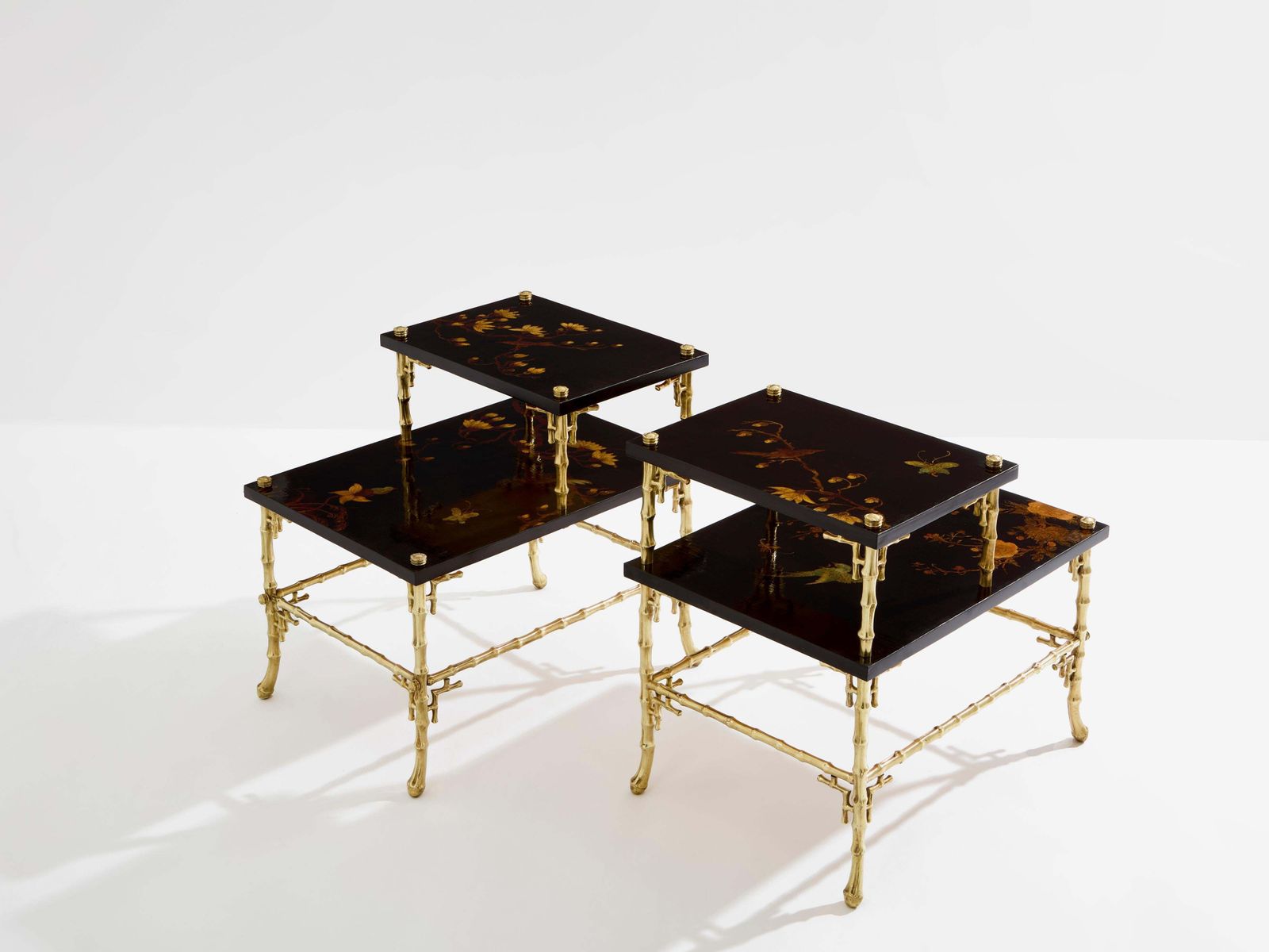 Tables d'appoint Maison Baguès en bronze façon bambou, laquées chinoiserie, années 1940 photo for sale