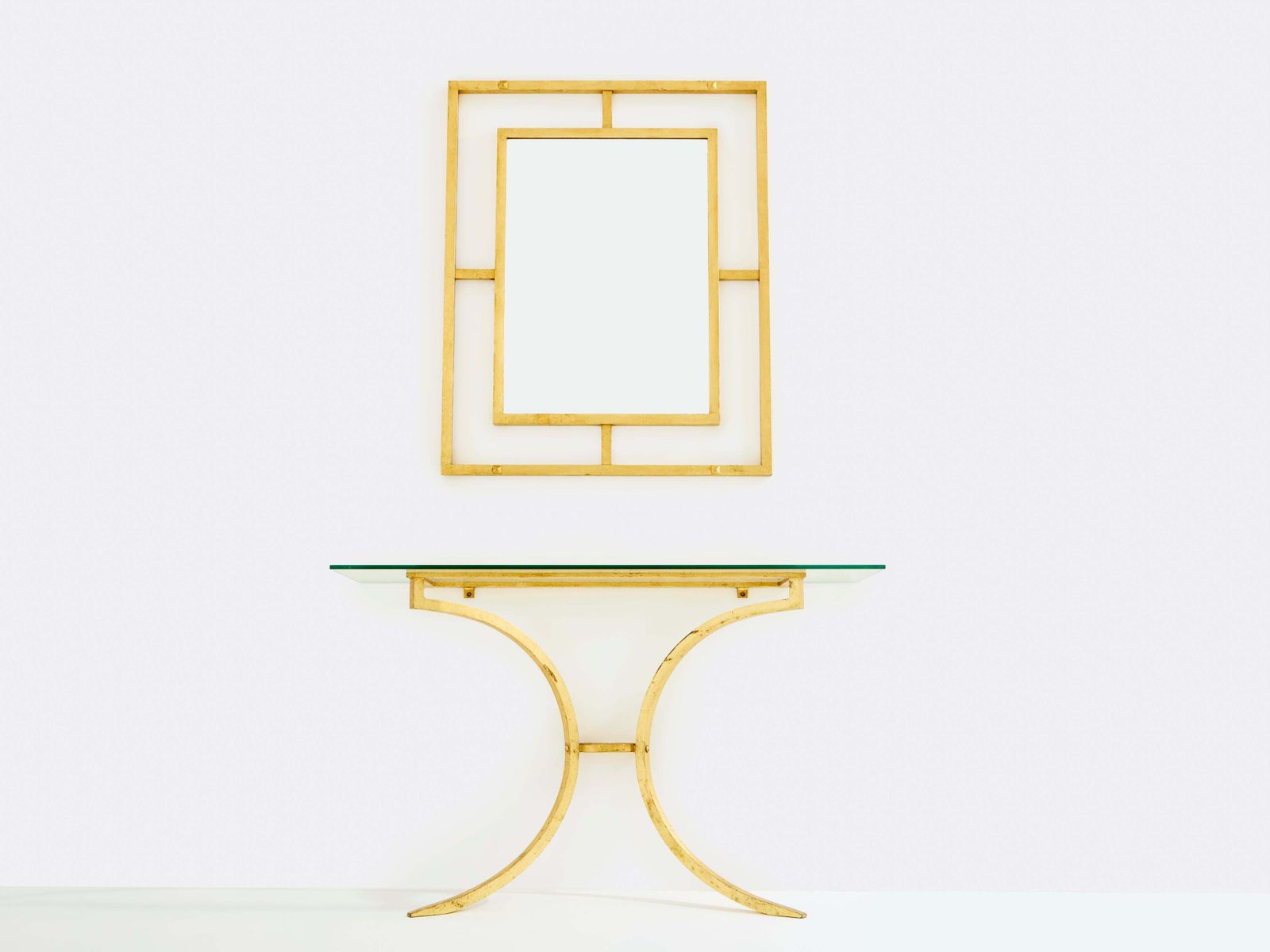Console Roger Thibier en fer forgé doré avec miroir, années 1960 photo furniture