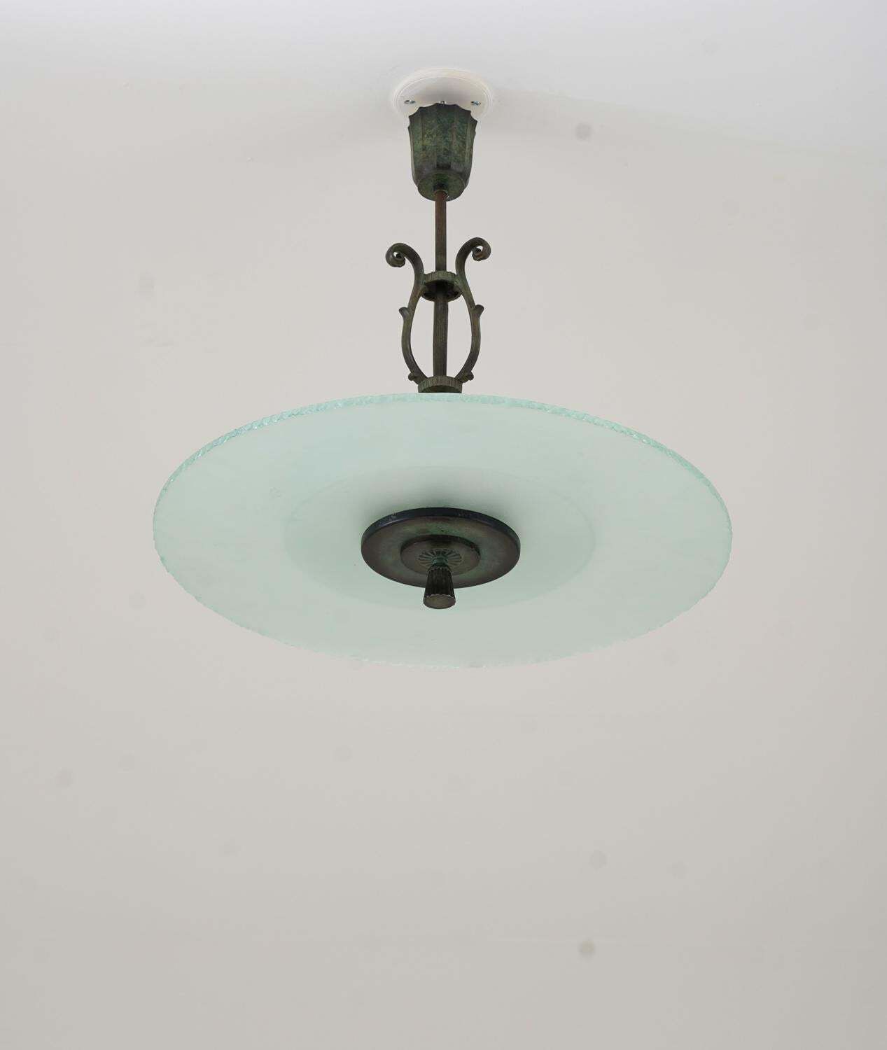 Swedish Art Deco Chandelier In Glass And Patinated Brass photo Lighting
