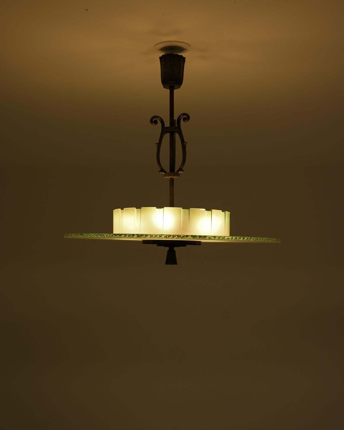 Swedish Art Deco Chandelier In Glass And Patinated Brass photo vintage