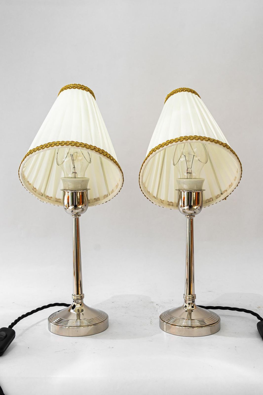 2 Brass Nickel Plated Art Deco Table Lamps With Fabric Shades Vienna Around 1920 photo Lighting