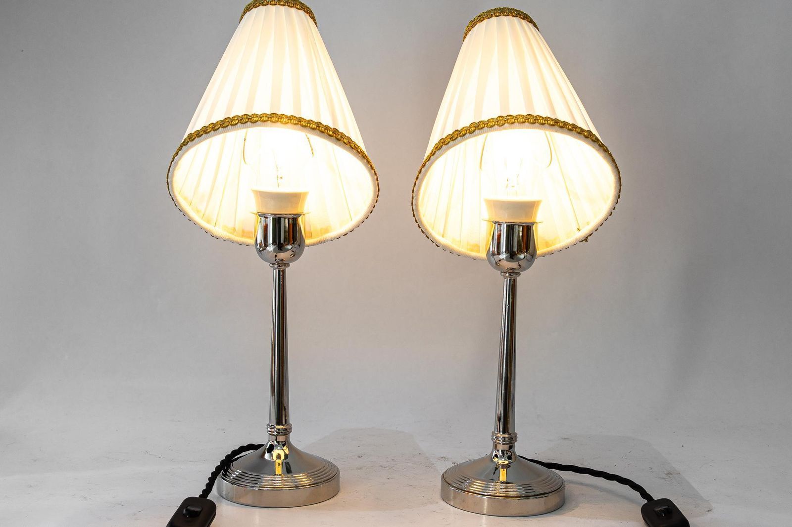 photo vinterior 2 Brass Nickel Plated Art Deco Table Lamps With Fabric Shades Vienna Around 1920