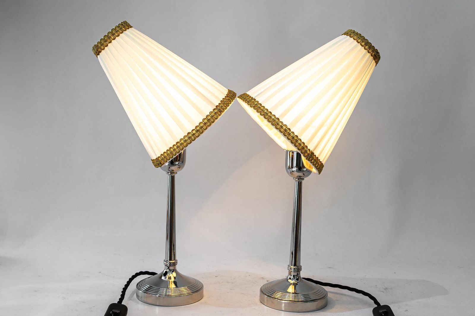 photo buy 2 Brass Nickel Plated Art Deco Table Lamps With Fabric Shades Vienna Around 1920