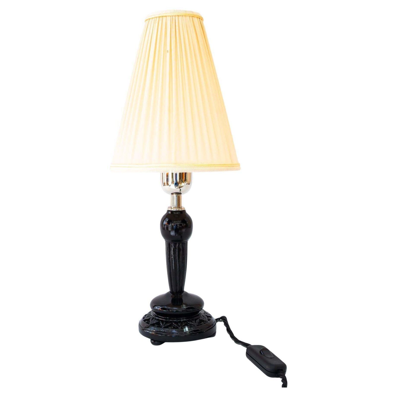 Art Deco Wood Table Lamp And Fabric Shade Vienna Around 1920s