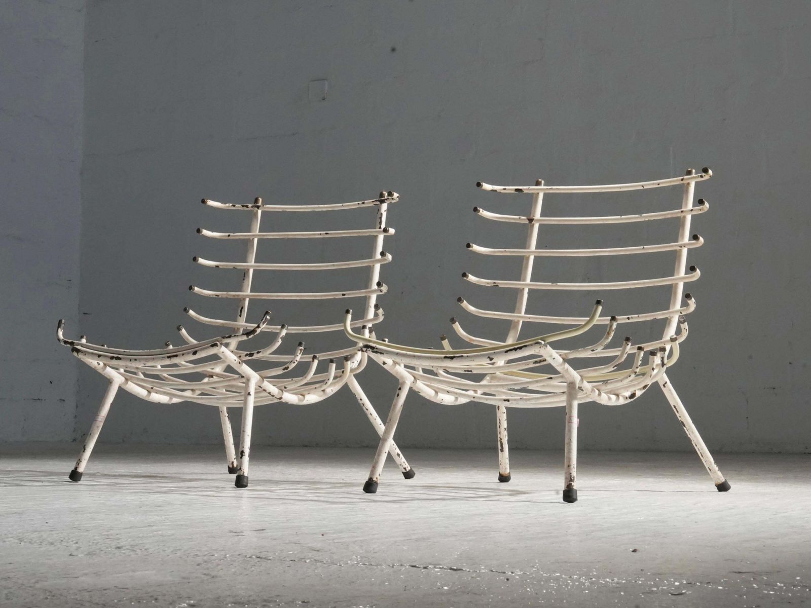 Set Of Two White Rib Chairs In Metal And Brass, Brazil, 1950's photo Furniture