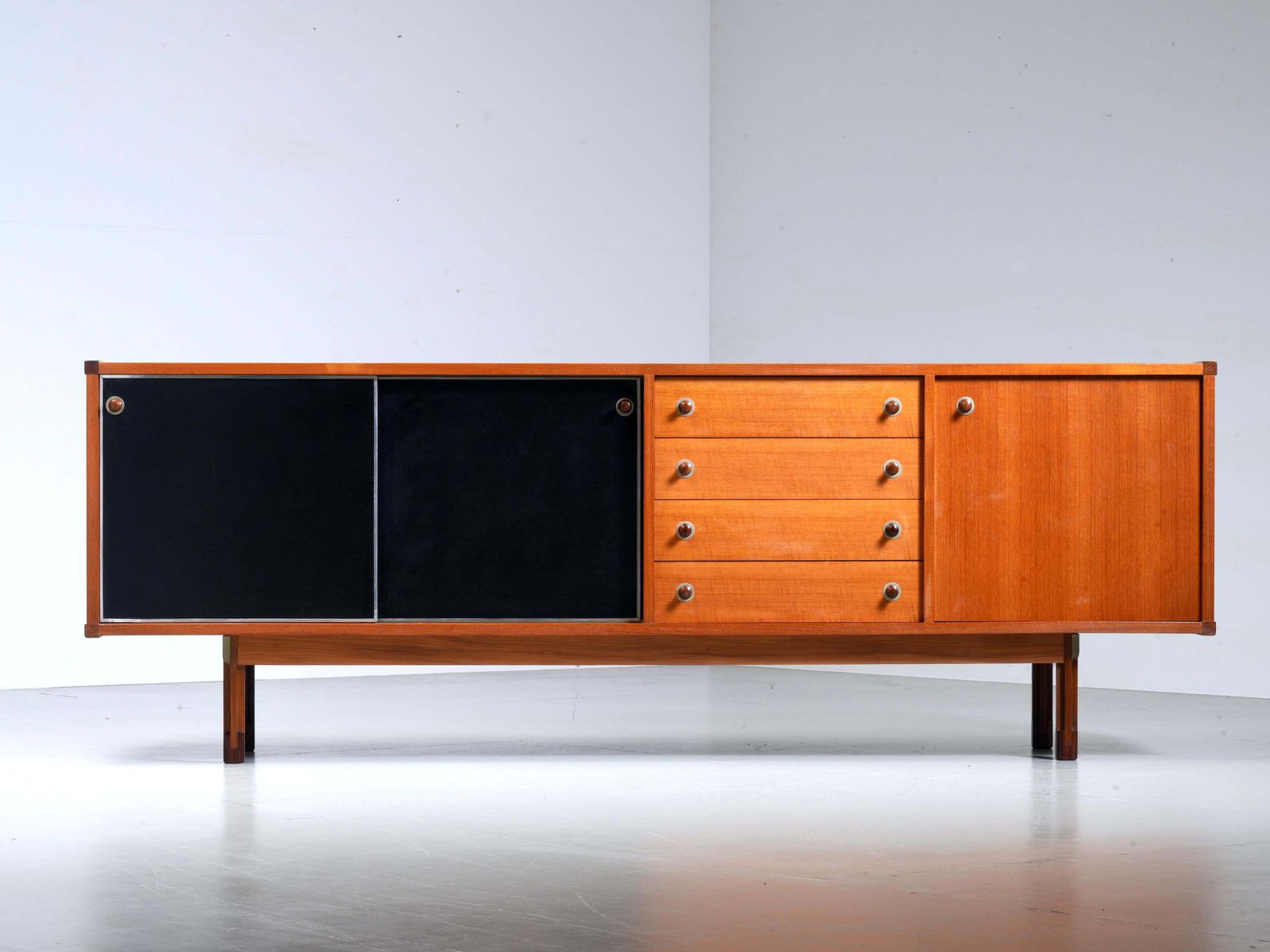 photo furniture Italian Sideboard In Teak, Metal And Black Laminate, 1960's