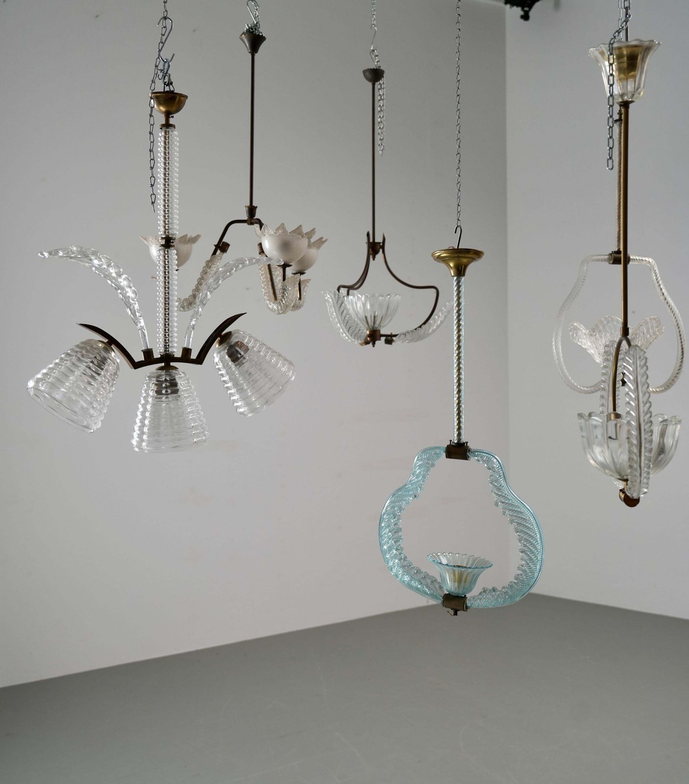Set Of 6 Pendants In Glass And Brass, Italy, 1940’s photo vintage