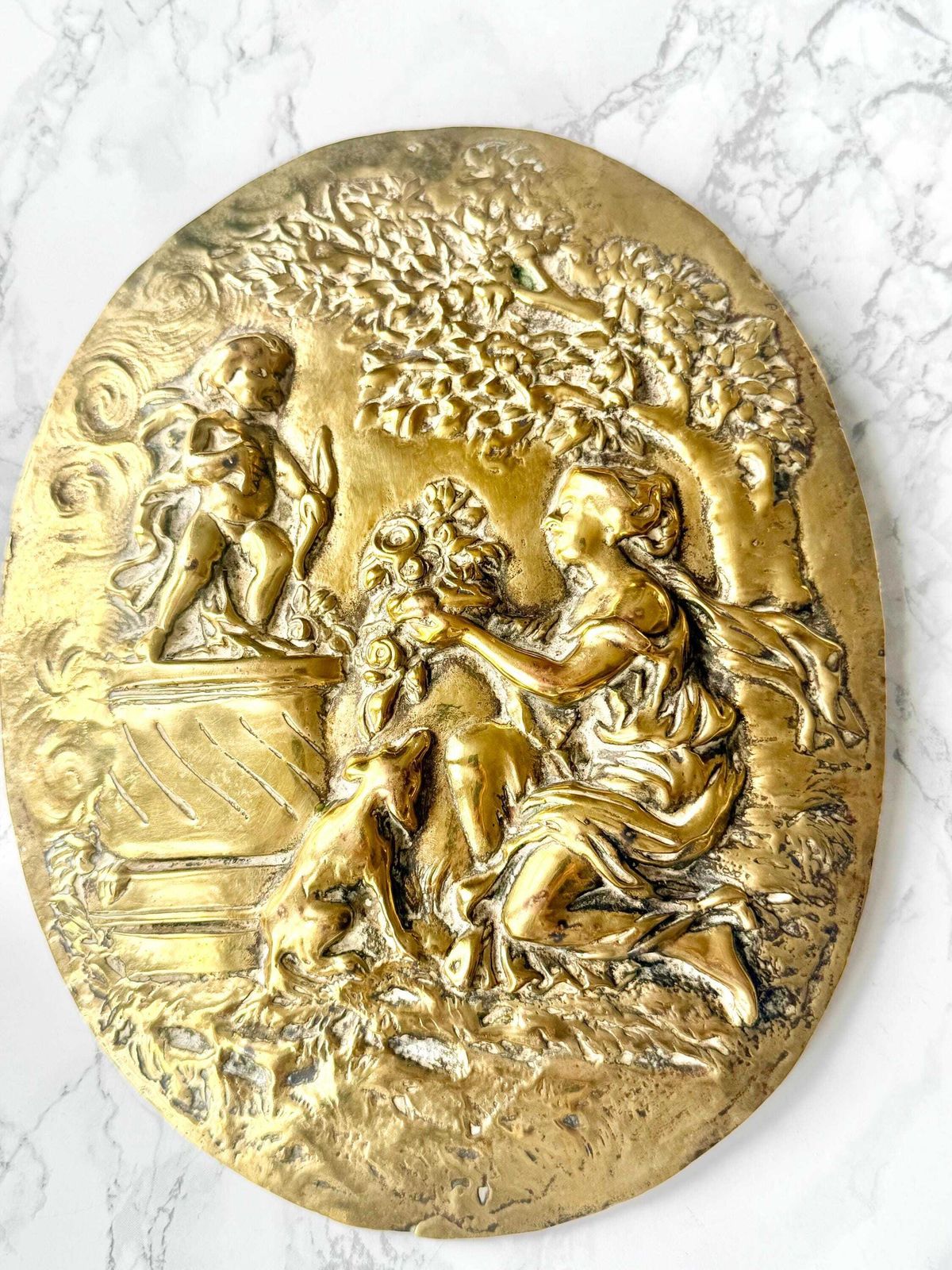 Antique Large Oval Cast Brass Bas Relief Depicting Offering To Love Cupid Rococo Pompadour French Style Tribute To Love Pair Hanging Plaque photo for sale