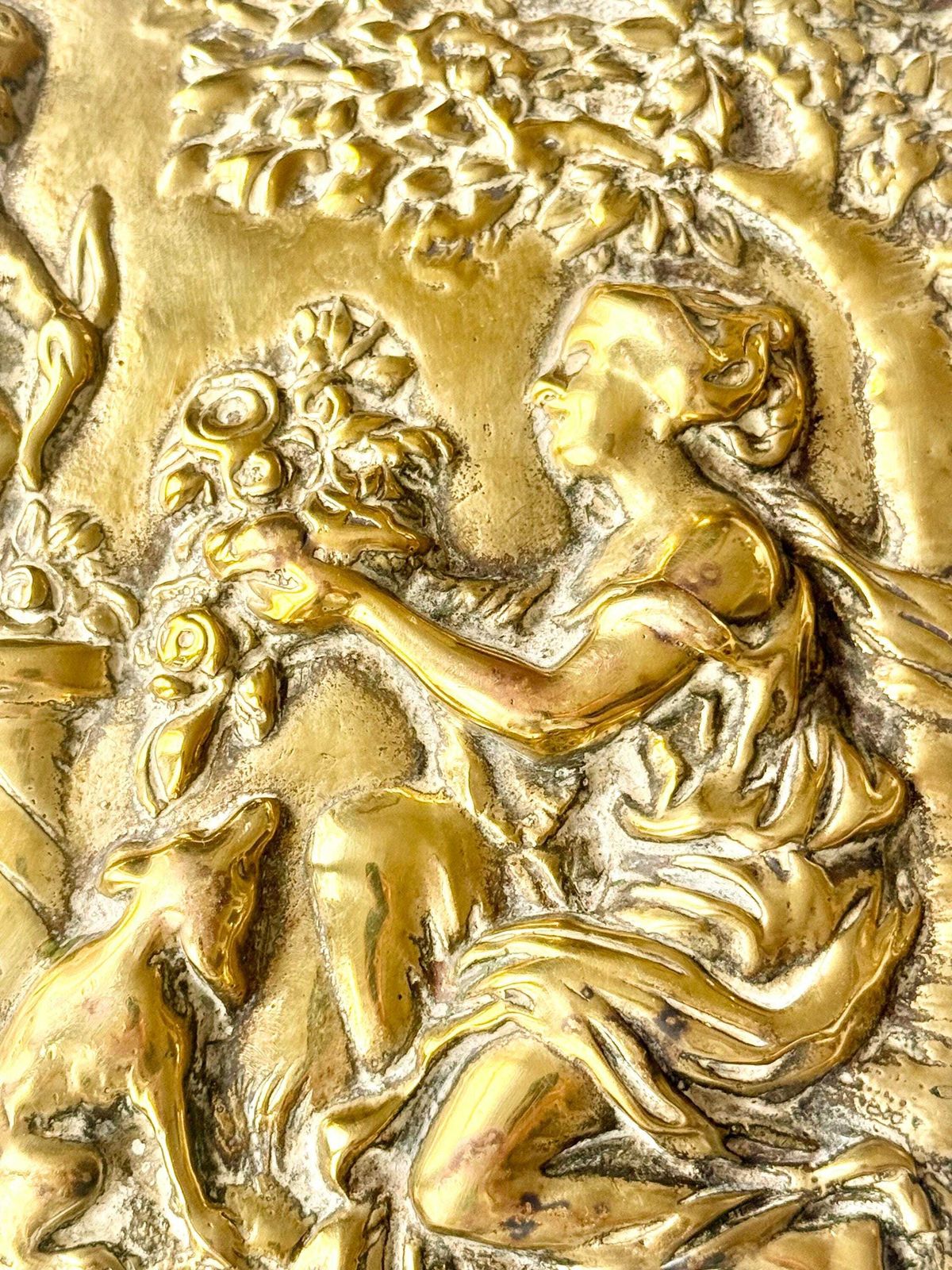 Antique Large Oval Cast Brass Bas Relief Depicting Offering To Love Cupid Rococo Pompadour French Style Tribute To Love Pair Hanging Plaque photo Art