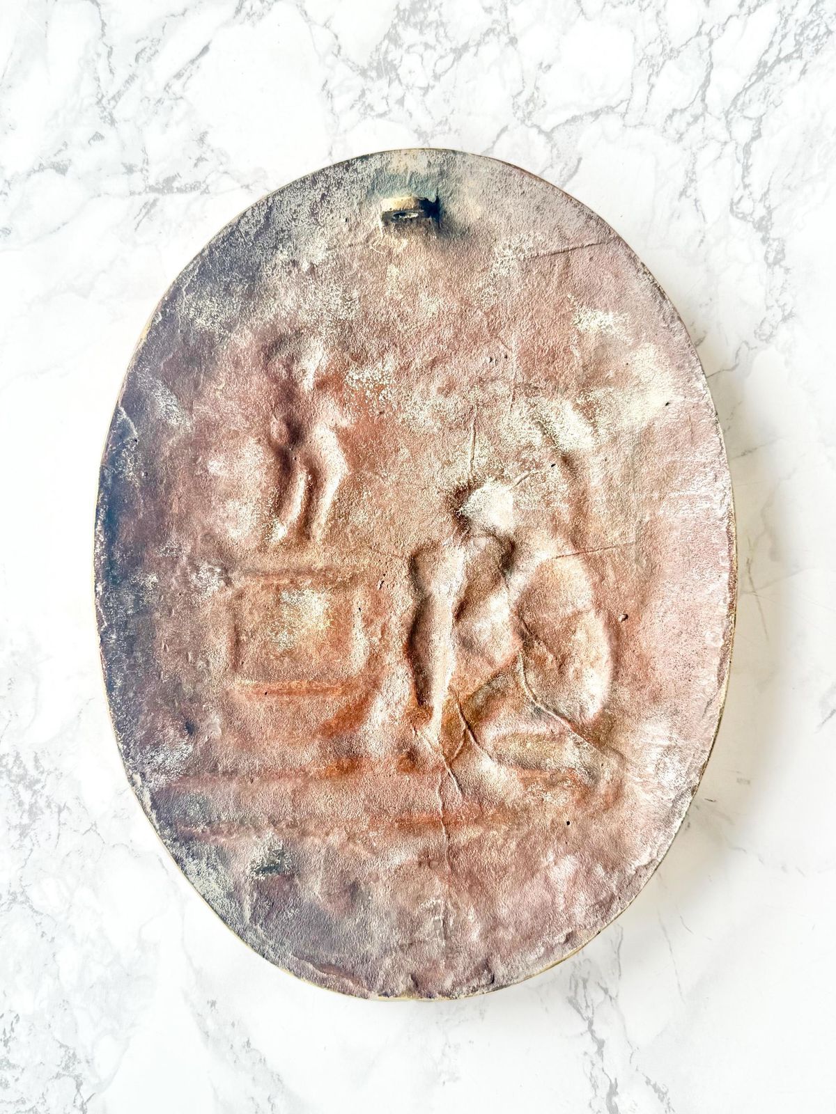 Antique Large Oval Cast Brass Bas Relief Depicting Offering To Love Cupid Rococo Pompadour French Style Tribute To Love Pair Hanging Plaque photo vintage