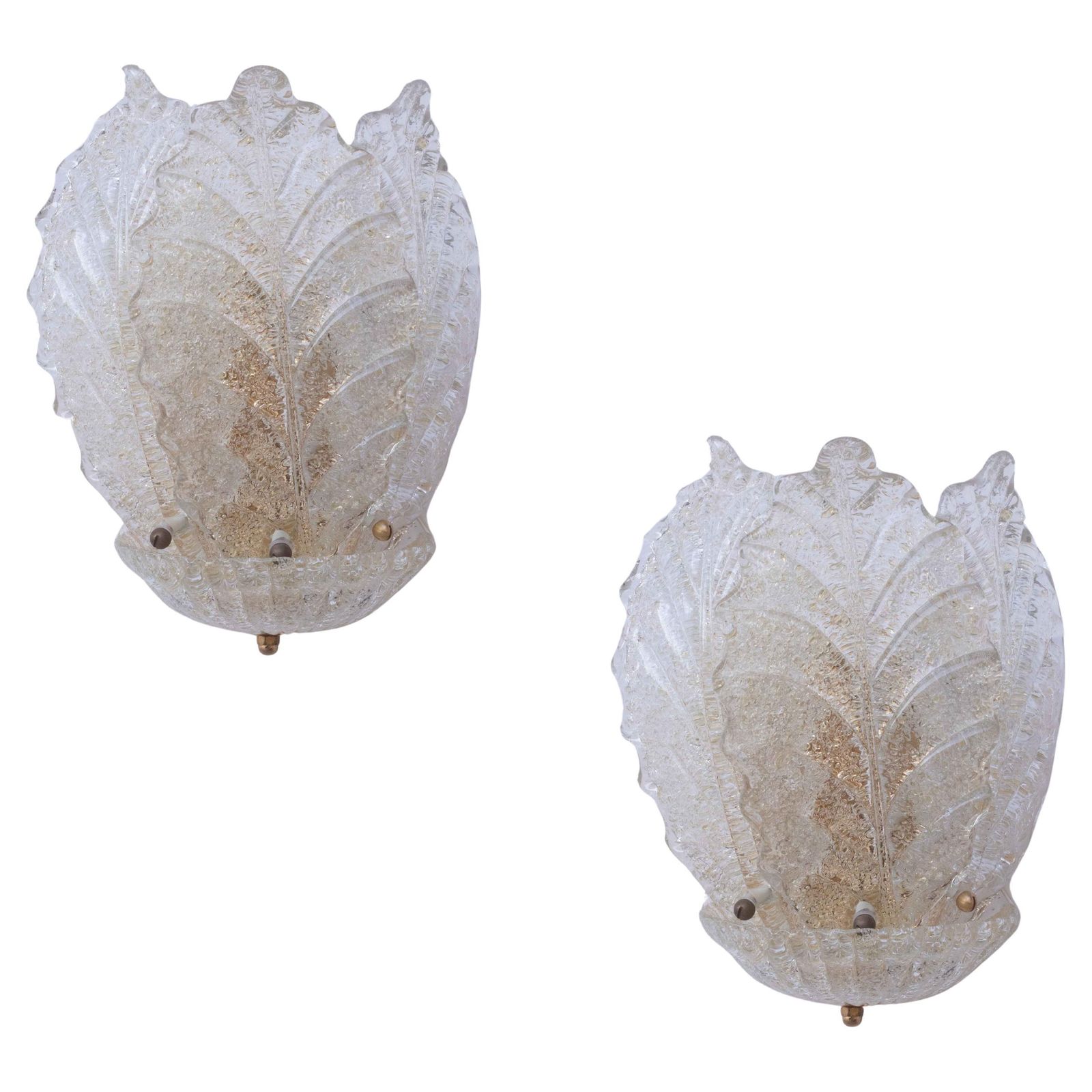 Set Of 2 Portofino, Elegant Murano Wall Light Transparent And Gold Leaves, 1970