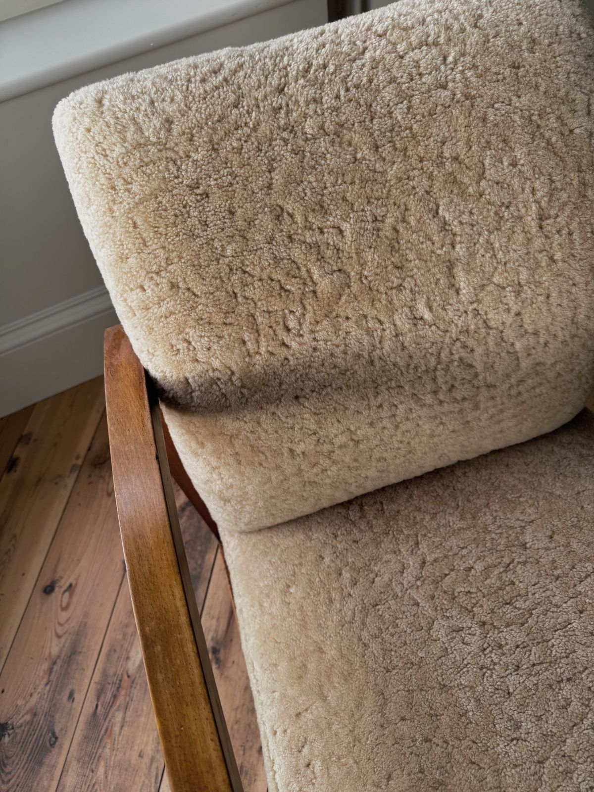 Danish Art Deco Wooden Armchair Reupholstered In Genuine Cream Sheepskin photo Furniture