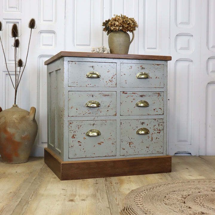 Rustic Painted Pine & Iroko Workshop Drawers 0730g photo furniture