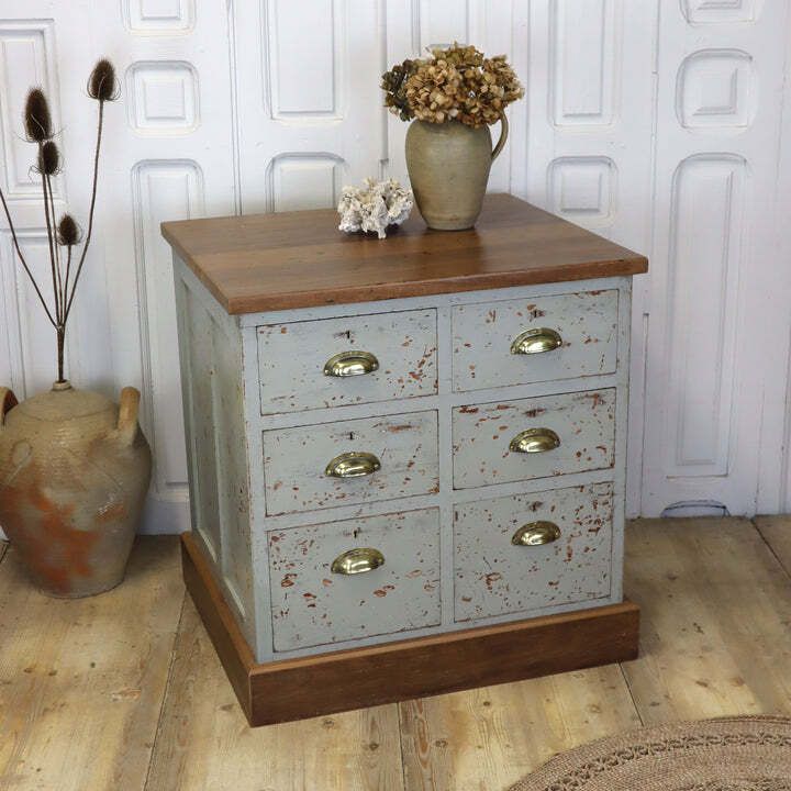 Rustic Painted Pine & Iroko Workshop Drawers 0730g photo Furniture