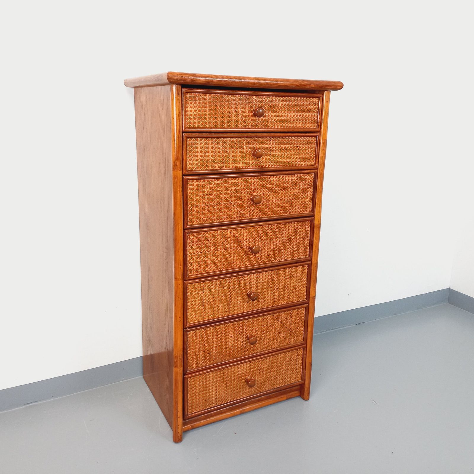 Chest Of Drawers In Wood, Rattan And Cane