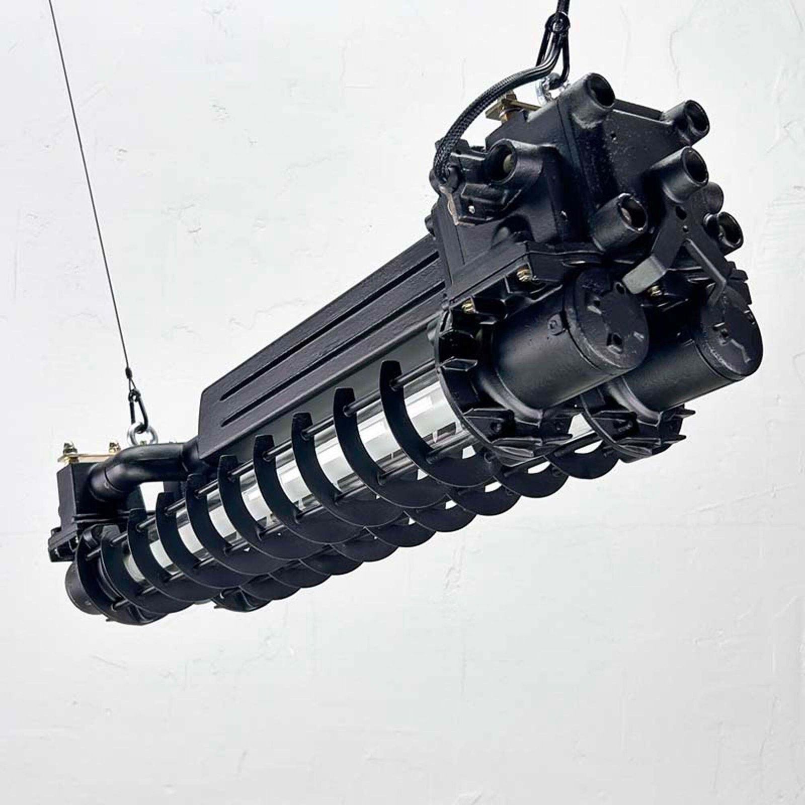 photo vinterior Late Century Industrial Flameproof Tube Light With Cage   Black & Brass Finish