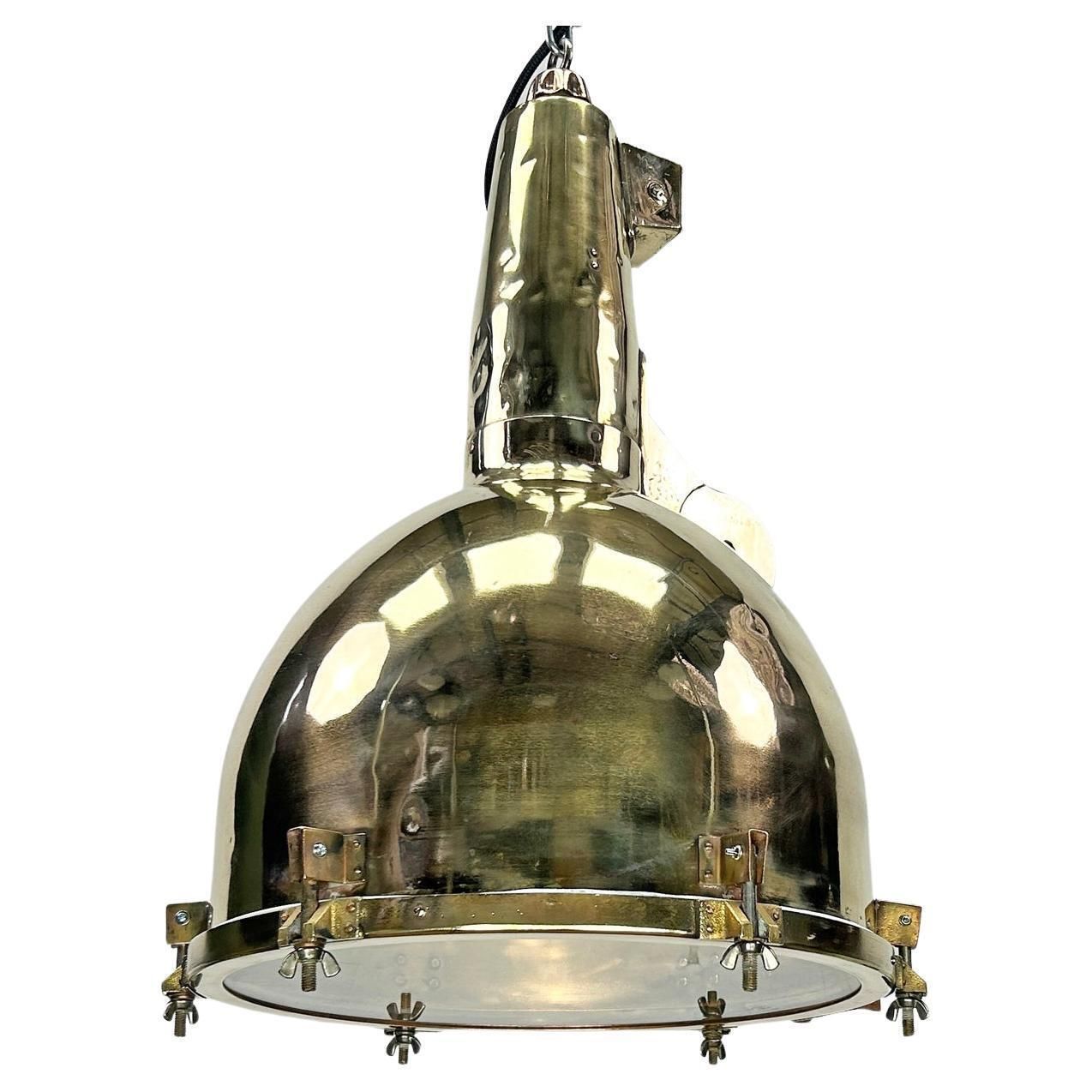 1970's Xl Japanese Brass Marine Nautical Searchlight Pendant Ceiling Lamp