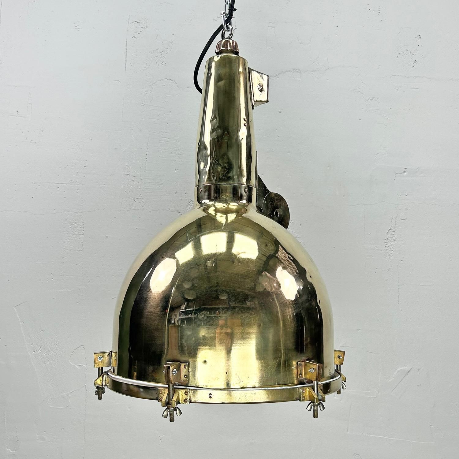 1970's Xl Japanese Brass Marine Nautical Searchlight Pendant Ceiling Lamp photo furniture