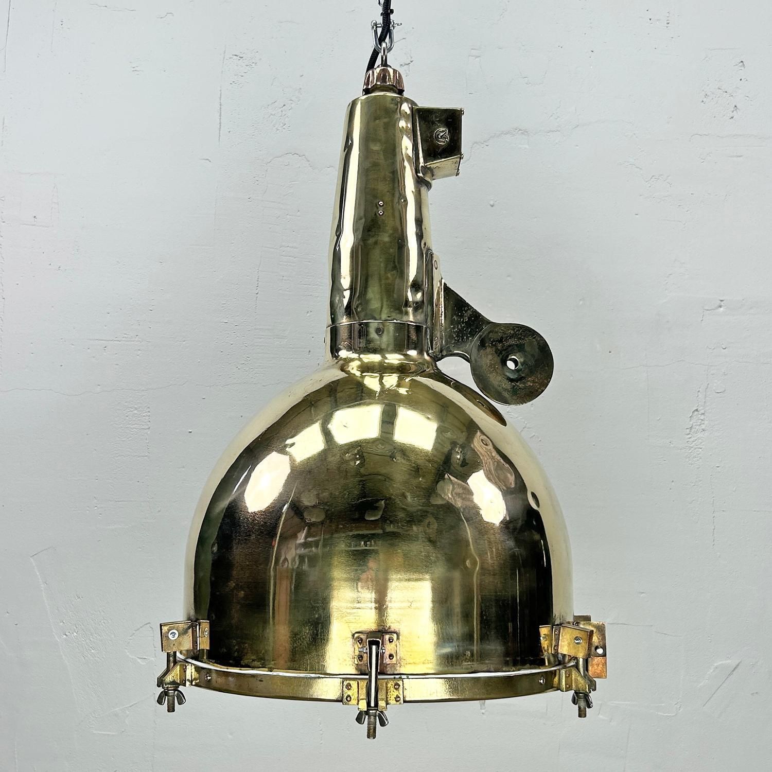 1970's Xl Japanese Brass Marine Nautical Searchlight Pendant Ceiling Lamp photo vintage