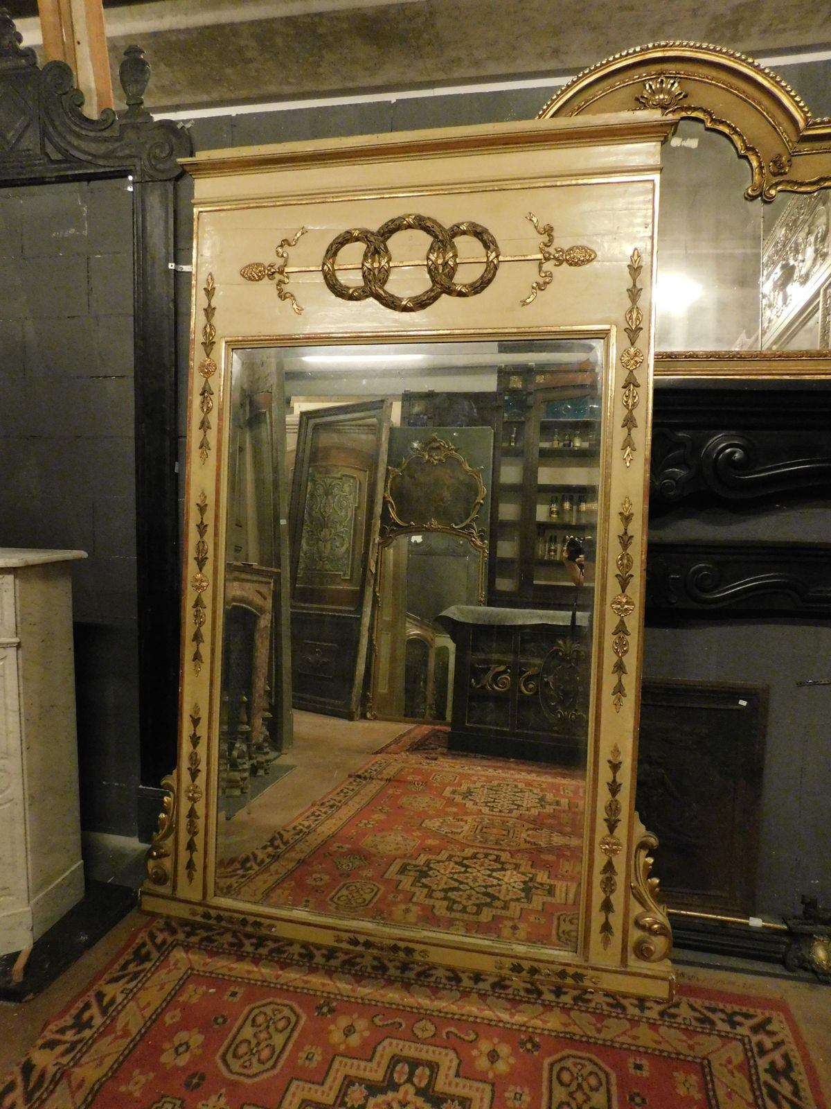 Lacquered Wood Mirror With Rich Golden Sculptures, Italy photo for sale
