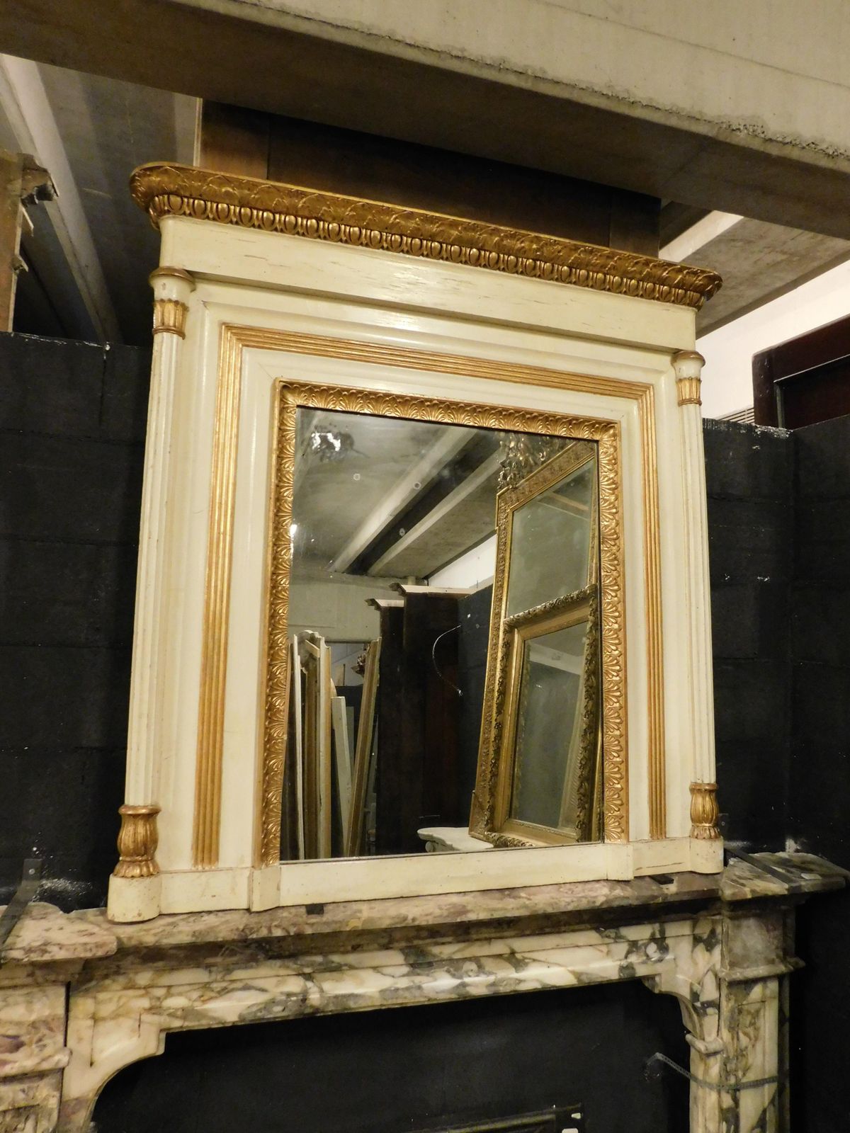 Beige And Gilded Lacquered Wooden Mirror With Carved Side Columns, France photo furniture