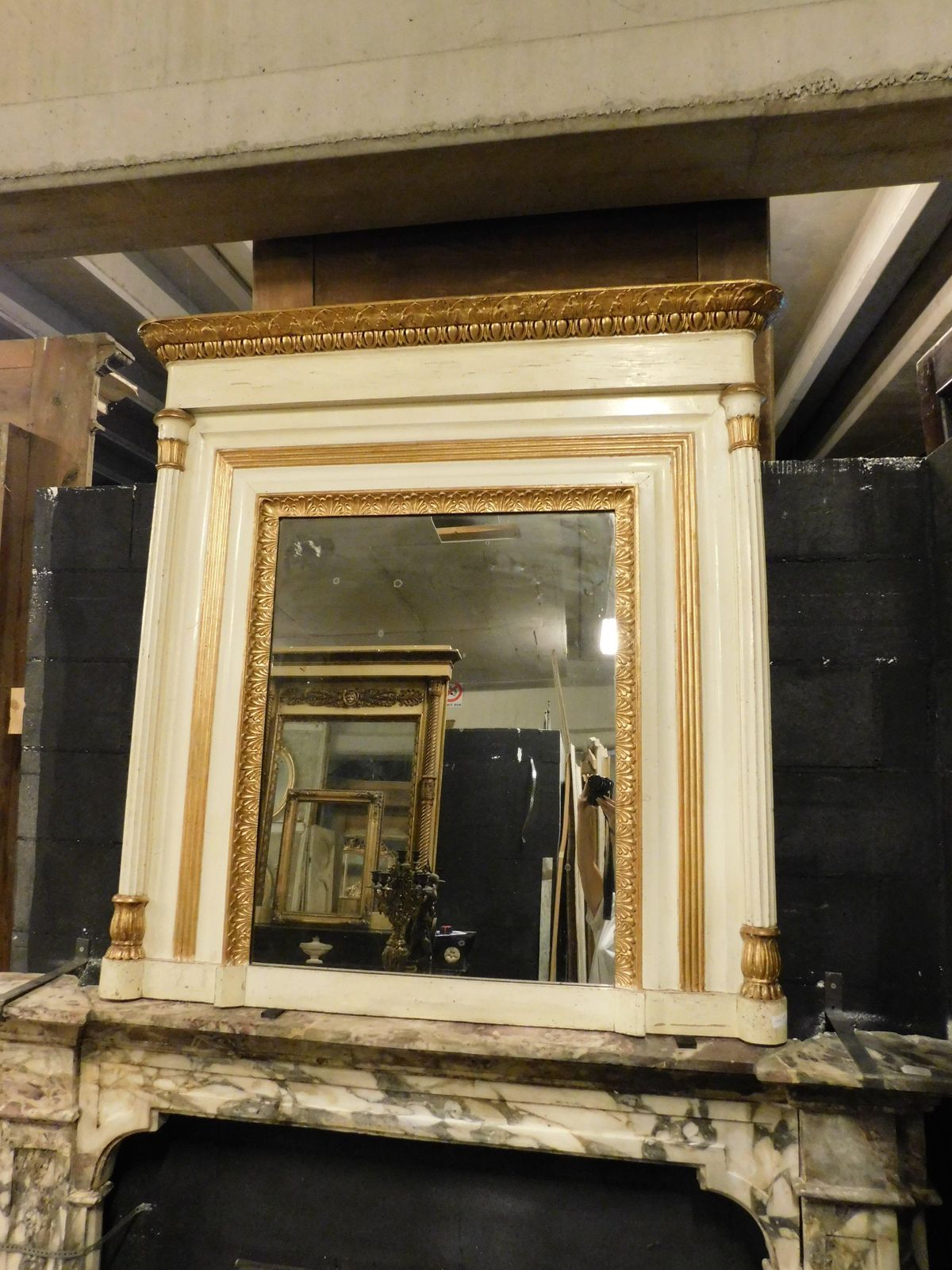Beige And Gilded Lacquered Wooden Mirror With Carved Side Columns, France photo Home Decor