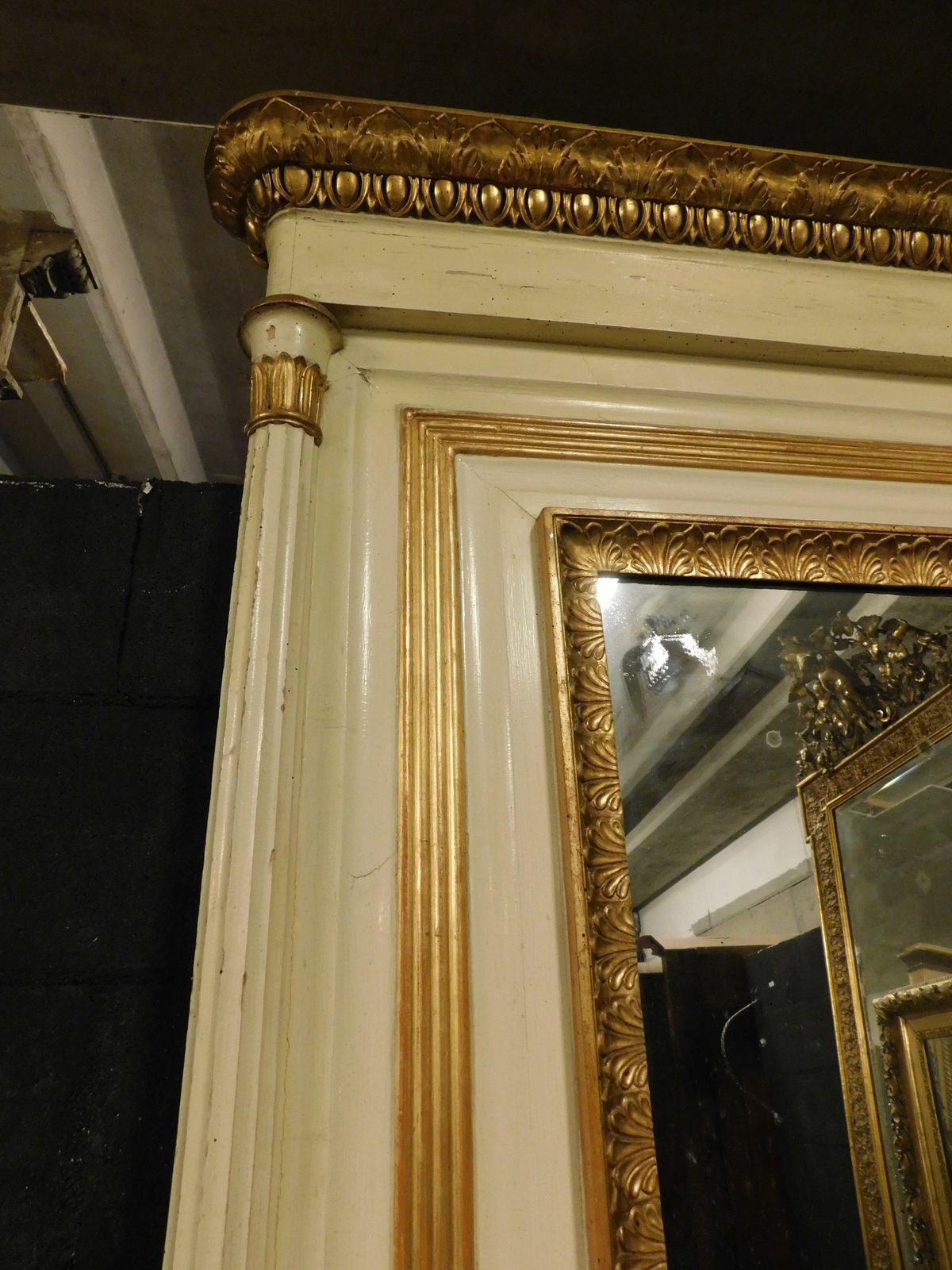Beige And Gilded Lacquered Wooden Mirror With Carved Side Columns, France photo vintage