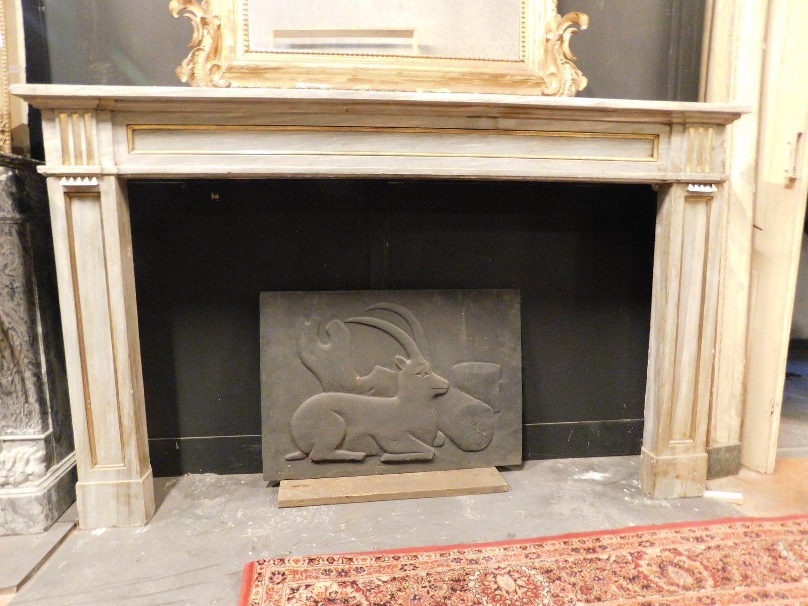 Louis XVI Fireplace Mantel In Grey Marble With Gold Trim, Italy photo furniture