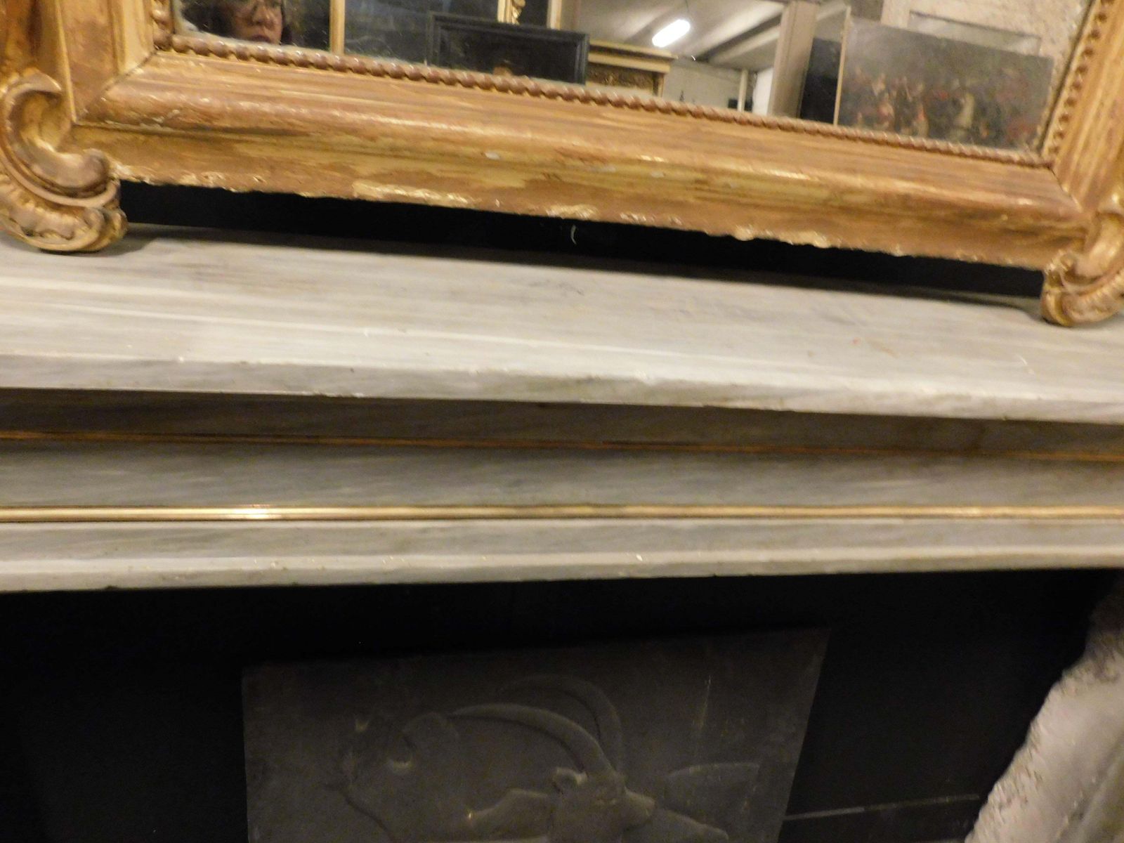 Louis XVI Fireplace Mantel In Grey Marble With Gold Trim, Italy photo vintage