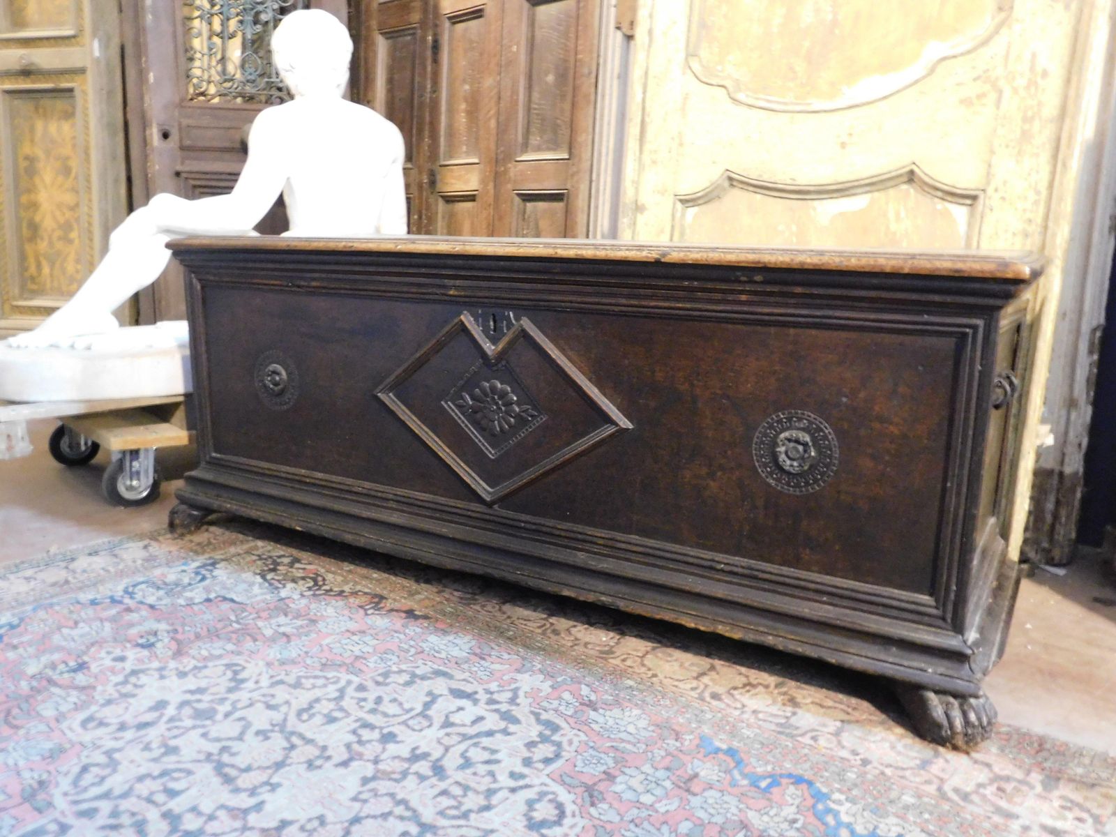 Chest In Walnut Wood, Carved With Three Flowers And Lion's Paw Feet, Italy photo furniture
