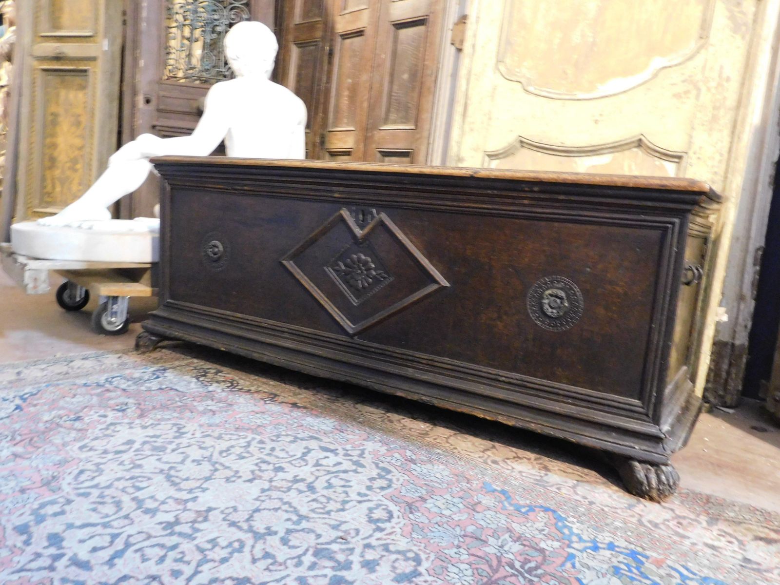 Chest In Walnut Wood, Carved With Three Flowers And Lion's Paw Feet, Italy photo Furniture
