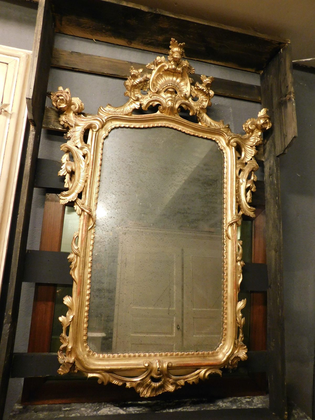 Mirror In Lacquered And Gilded Wood, Rich Cymatium Carved With Shell, Italy photo furniture