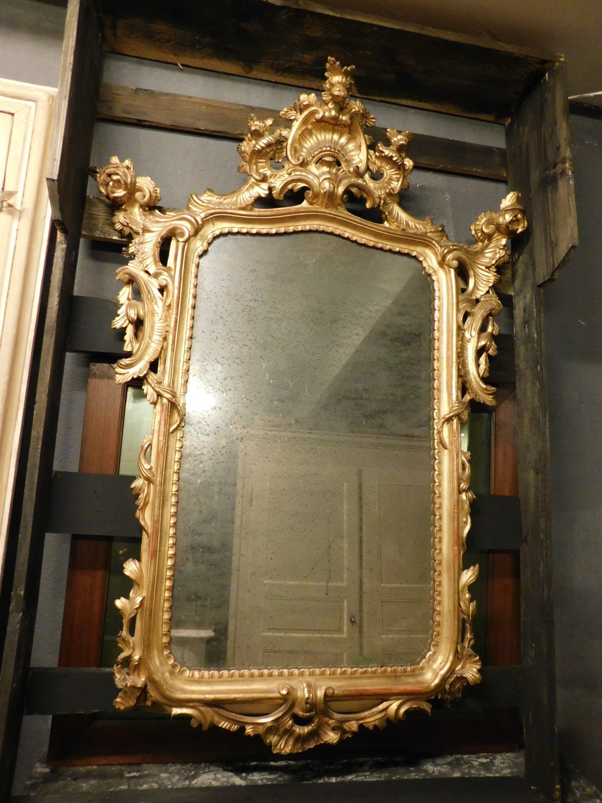 Mirror In Lacquered And Gilded Wood, Rich Cymatium Carved With Shell, Italy photo for sale