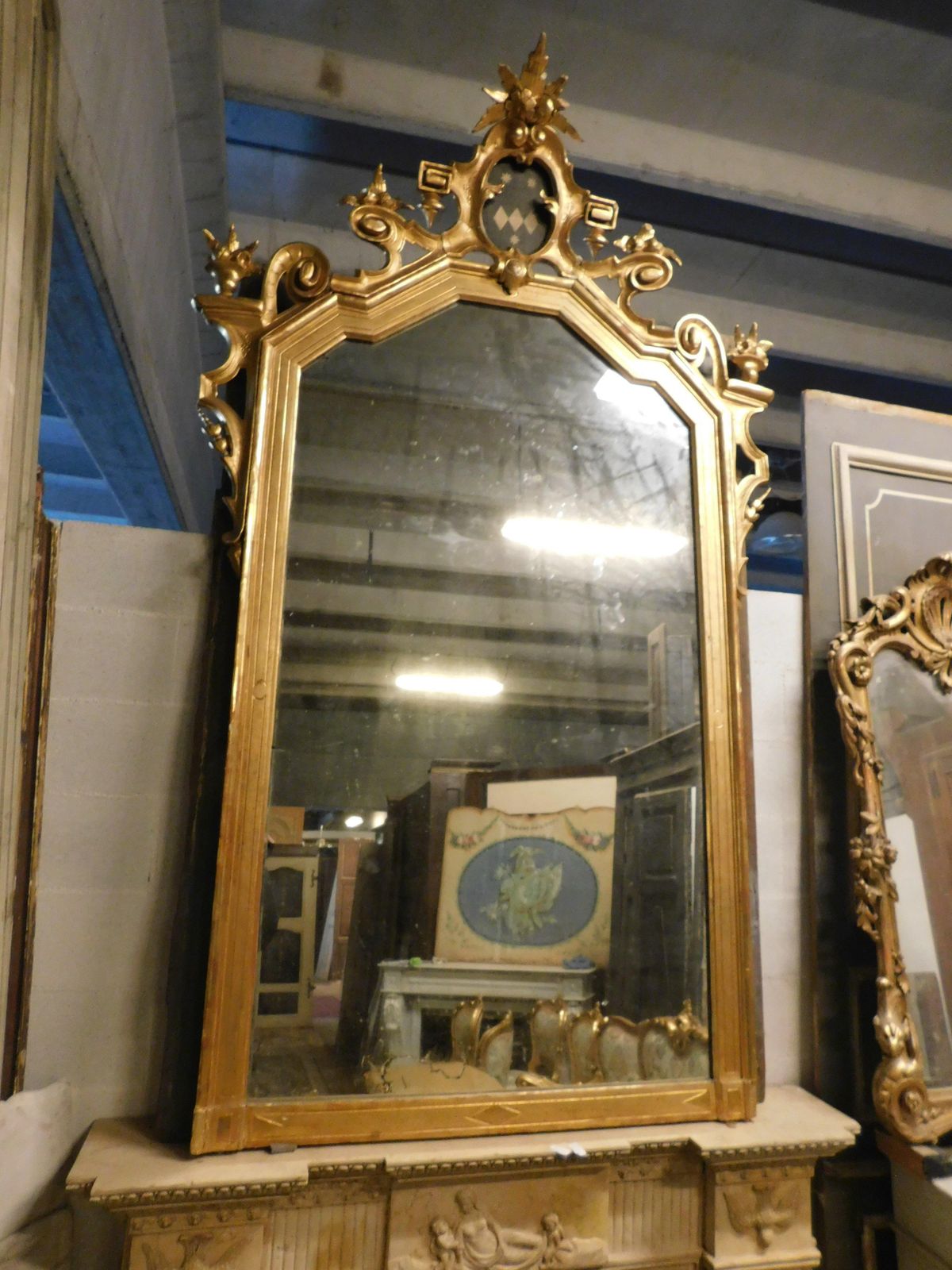 Large Gilded Wooden Mirror With Carved Top Centered By A Coat Of Arms, Italy photo Home Decor